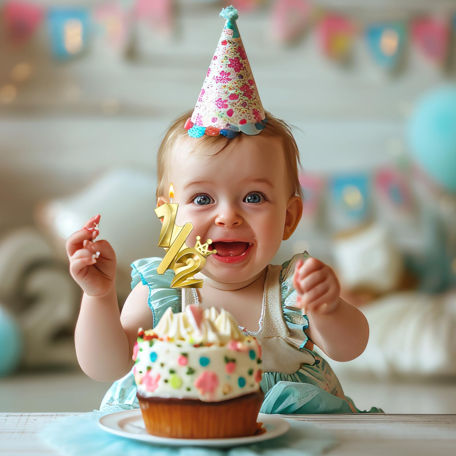Gold Number 1/2 Birthday Candles - Crown Cake Topper for 6-Month Babies & Anniversaries | Party Decor