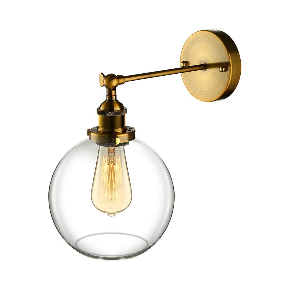 Industrial Single Light Glass Wall Sconce - LITFAD LED Edison Bulb Fixture with Antique Clear Glass Globe Shade for Bedroom, Living Room, Hallway & Restaurant Lighting Decor