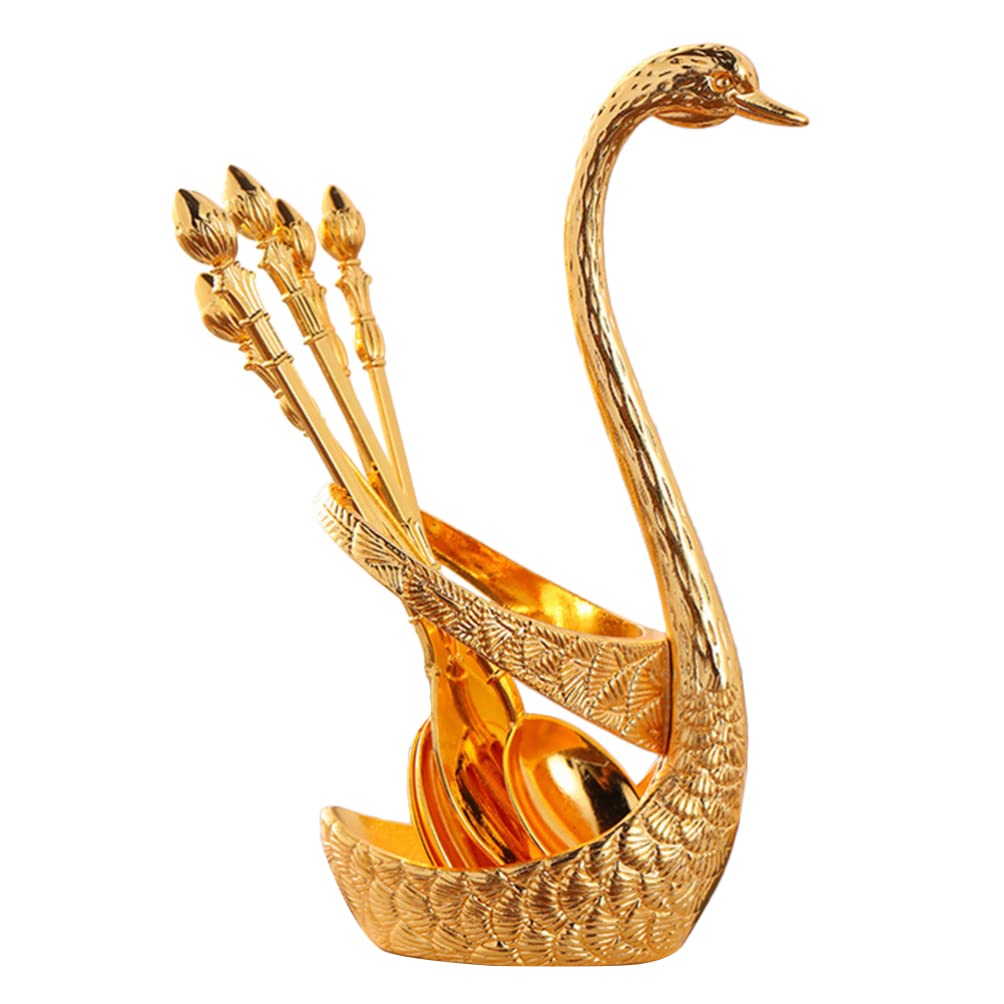 HEMOTON 24-Piece Gold Coffee Dessert Spoon Set - Elegant Swan Base Flatware Organizer with Sugar, Ice Cream Spoons & Fruit Forks - Perfect for Afternoon Tea, Dessert Parties & Wedding Table Settings
