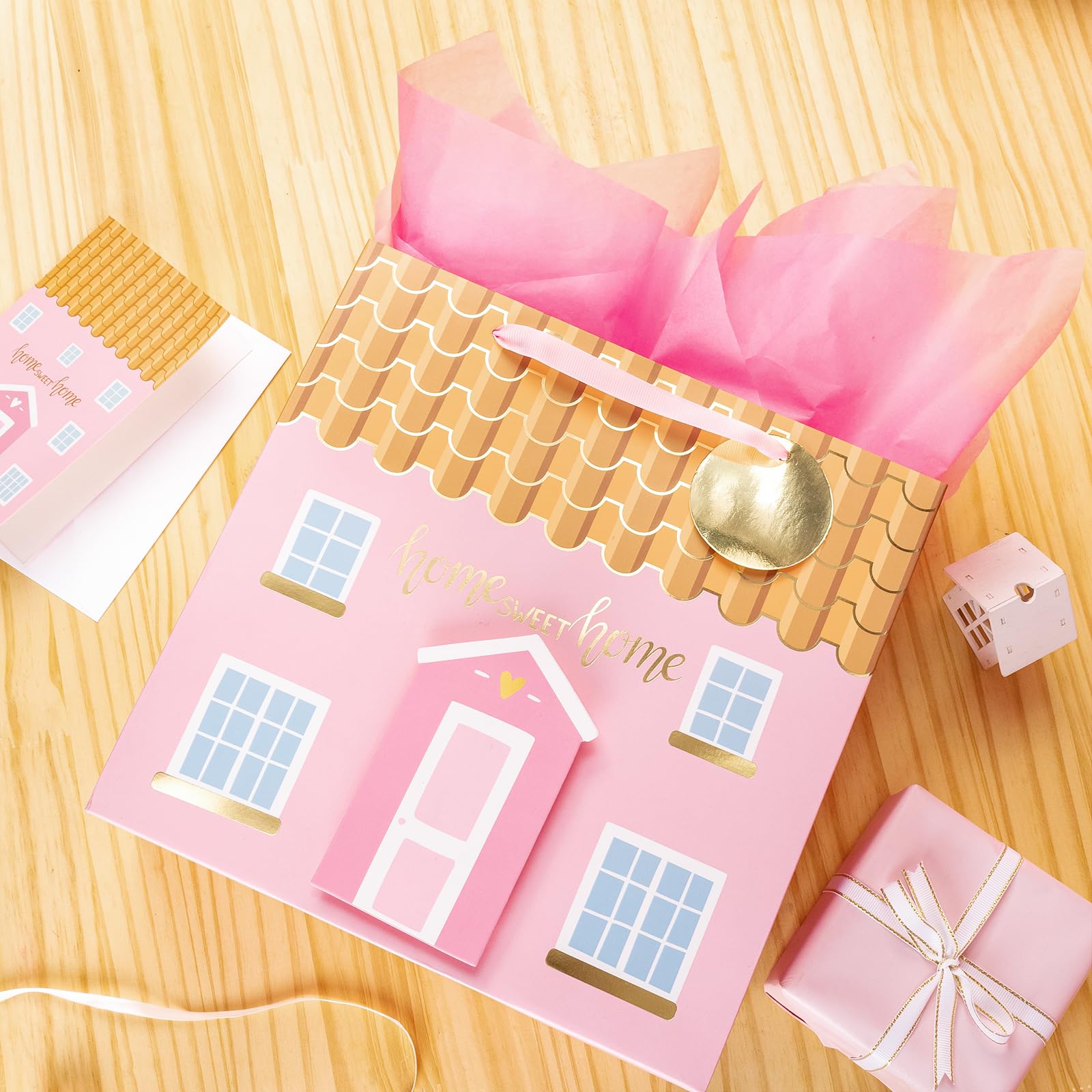 LeZakaa 10.4 Inch Pink House-Shaped Gift Bag Set with Tissue Paper, Gift Tag & Card - 3D House Sticker for Housewarming, New Home Gifts | Perfect for Welcome Parties, Bridal Showers & Holiday Present Exchanges