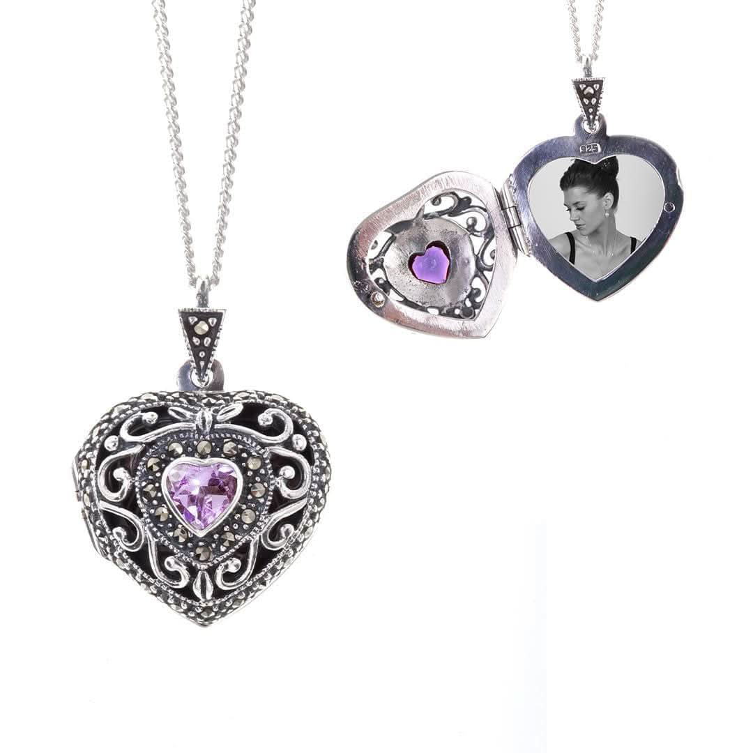 Vintage Amethyst Heart Locket Necklace in Sterling Silver with Photo Insert - Perfect for Romantic Gifts, Anniversary & Valentine's Day Jewelry