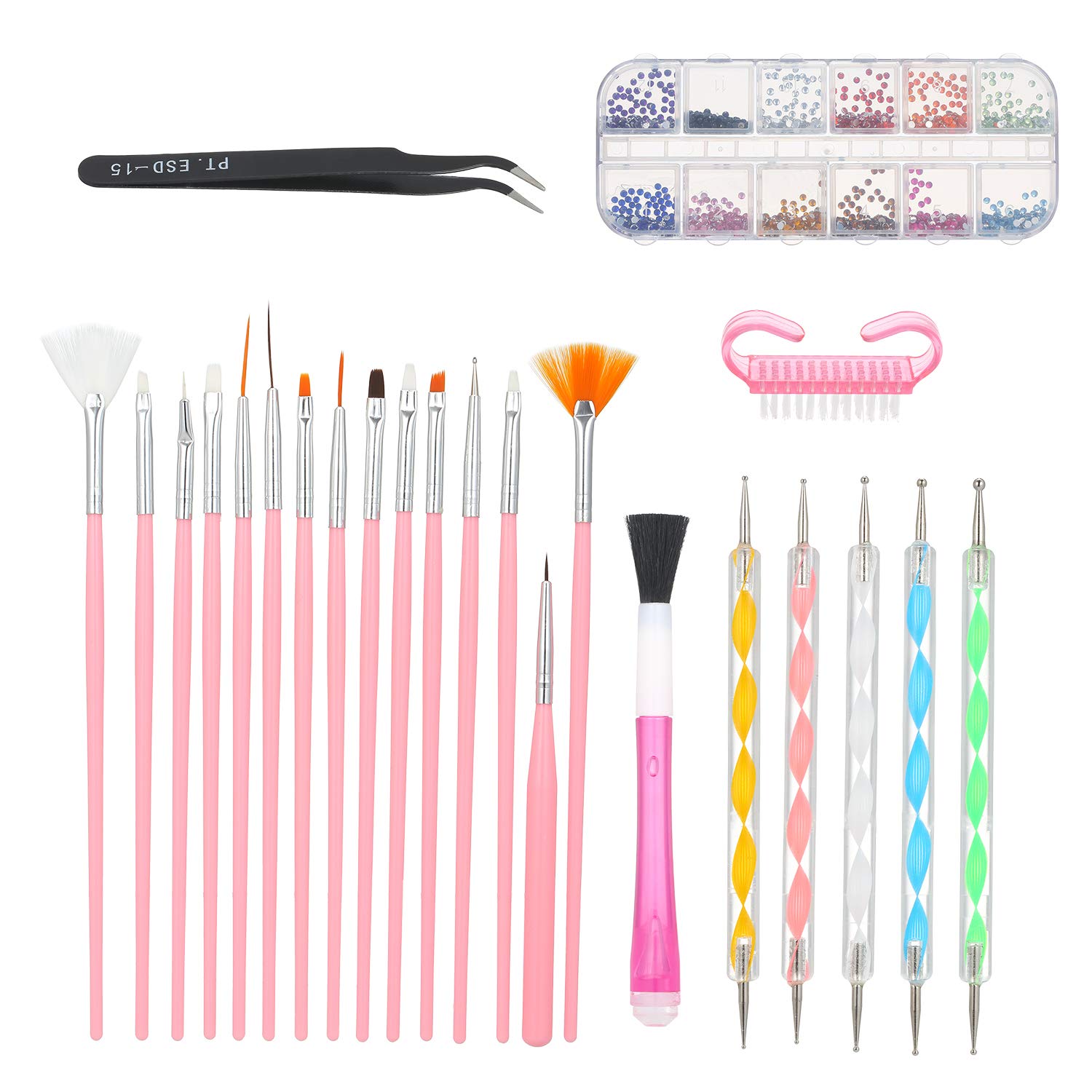 POOWE Professional Nail Art Kit with Dual-End Dotting Pens, Nail Powder Brush, Tweezer & Grip Handle - Perfect for Salon, Home Manicures & DIY Nail Designs (Multicolor)