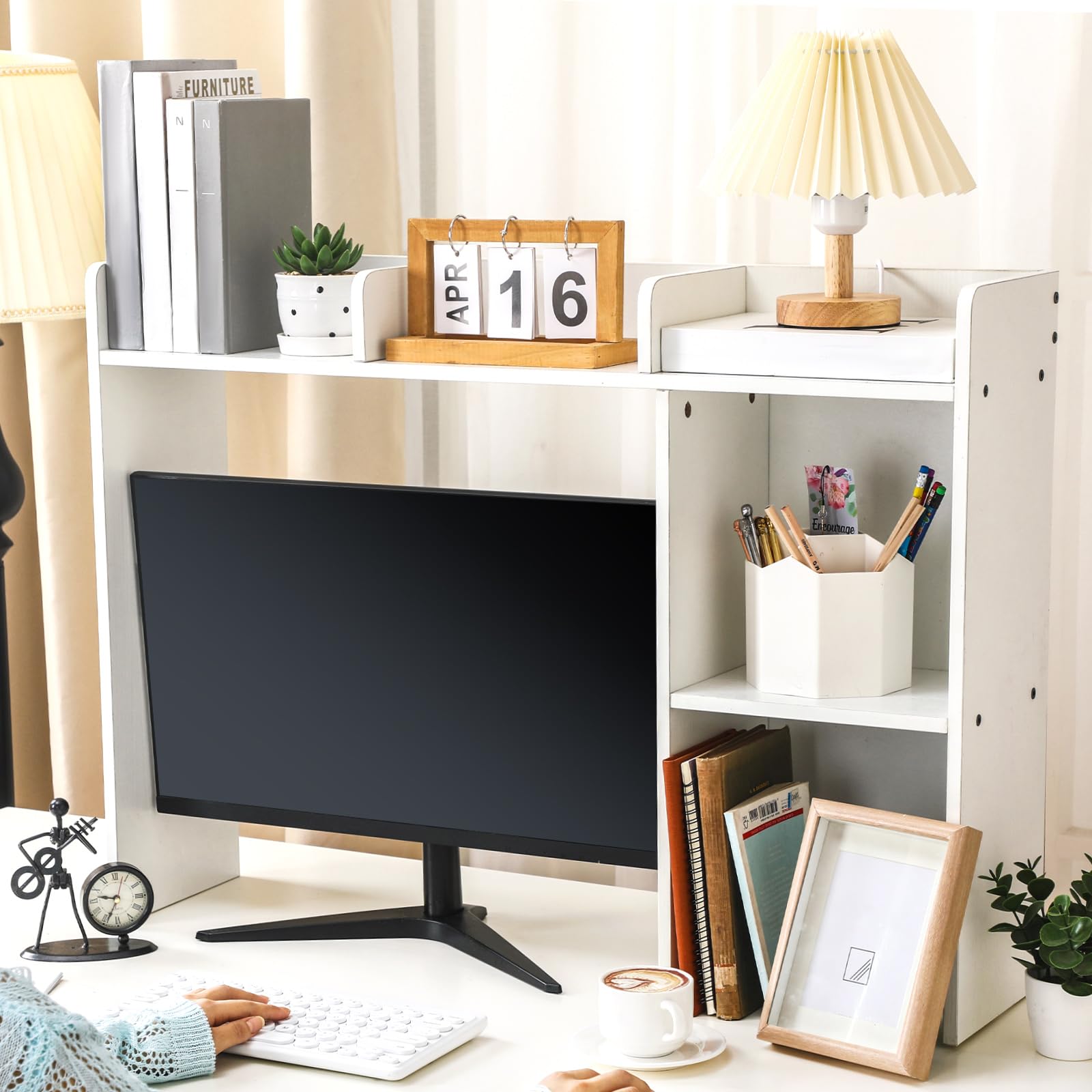 5-Tier White Desk Organizer with Bookshelf & Hutch - 32.5