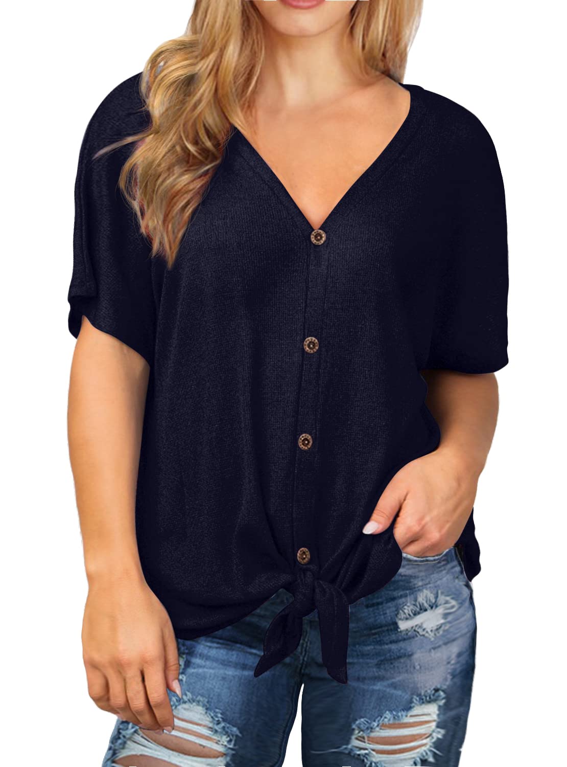 OLRIK Women's Plus Size Short Sleeve V-Neck Waffle Knit Tunic Blouse - Tie Front Button Up T-Shirt for Casual Wear & Office Outfits