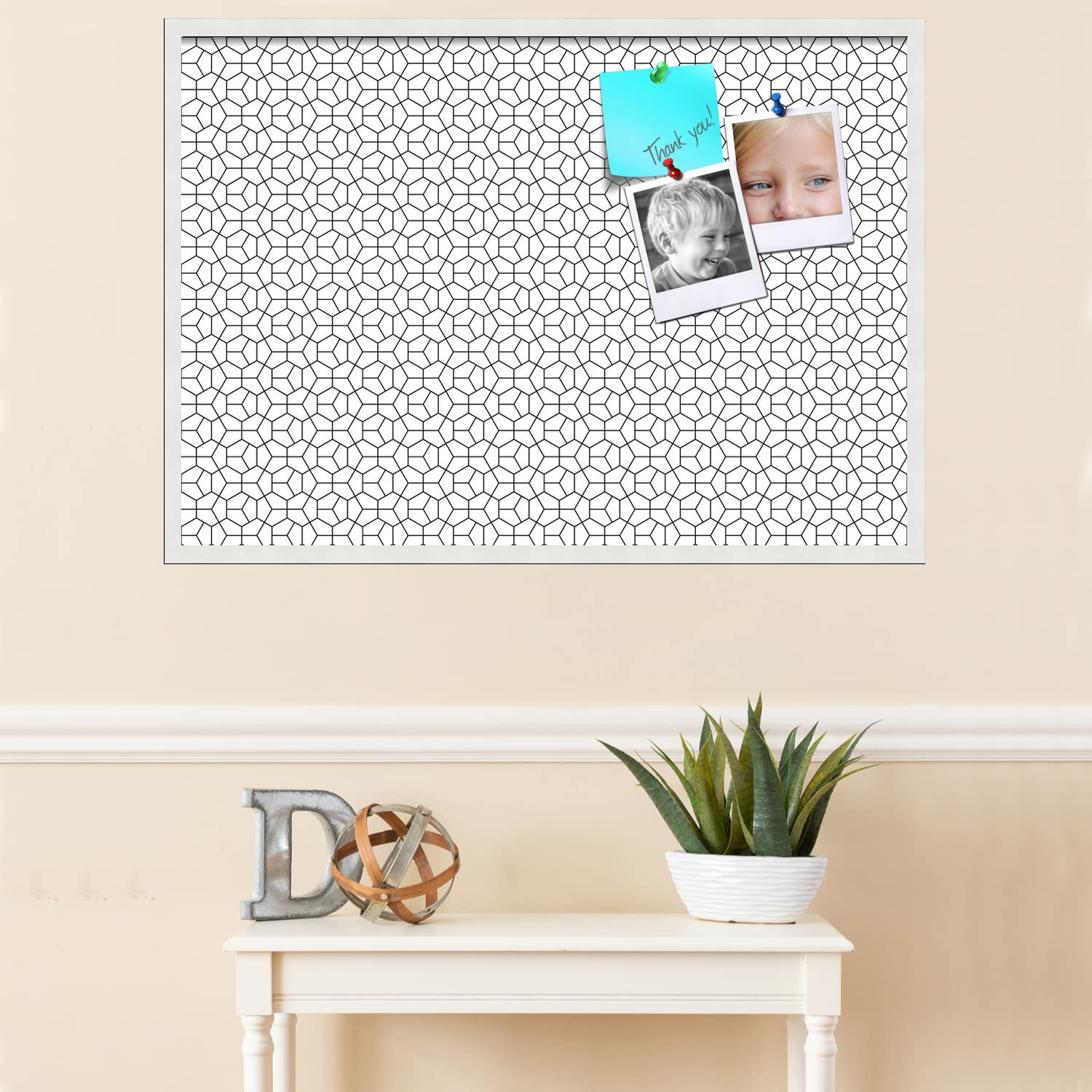 PinPix 40x28 Inch Cork Bulletin Board with Hex Black Design & Satin White Frame - Decorative Wall Pin Board for Home Office Decor, School Classroom, Dorm Room Organization & Message Display (PinPix-1539)
