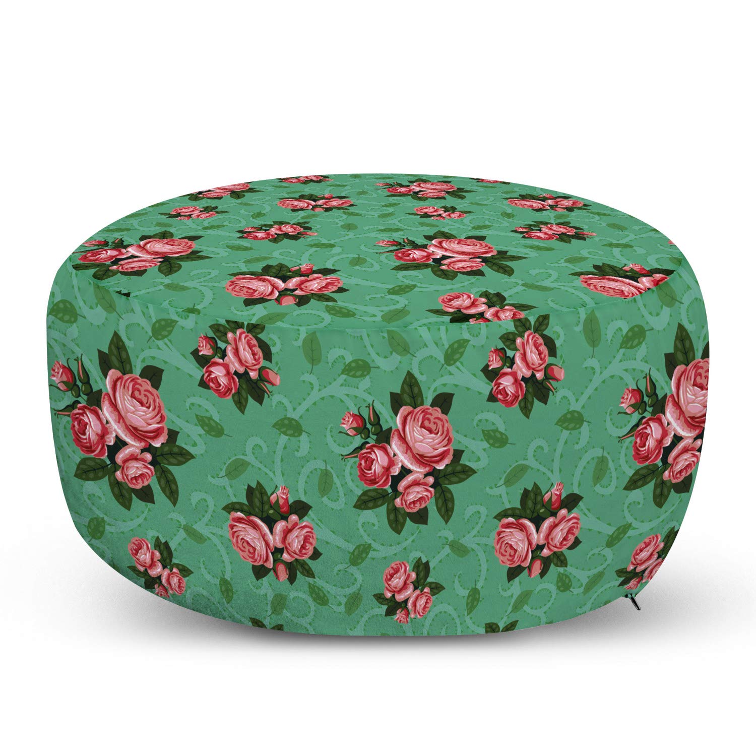 Ambesonne Vintage Floral Ottoman Pouf - Decorative Foot Rest with Removable Cover, Retro Roses & Leaves Design in Coral Green | Perfect for Living Room, Bedroom & Home Decor