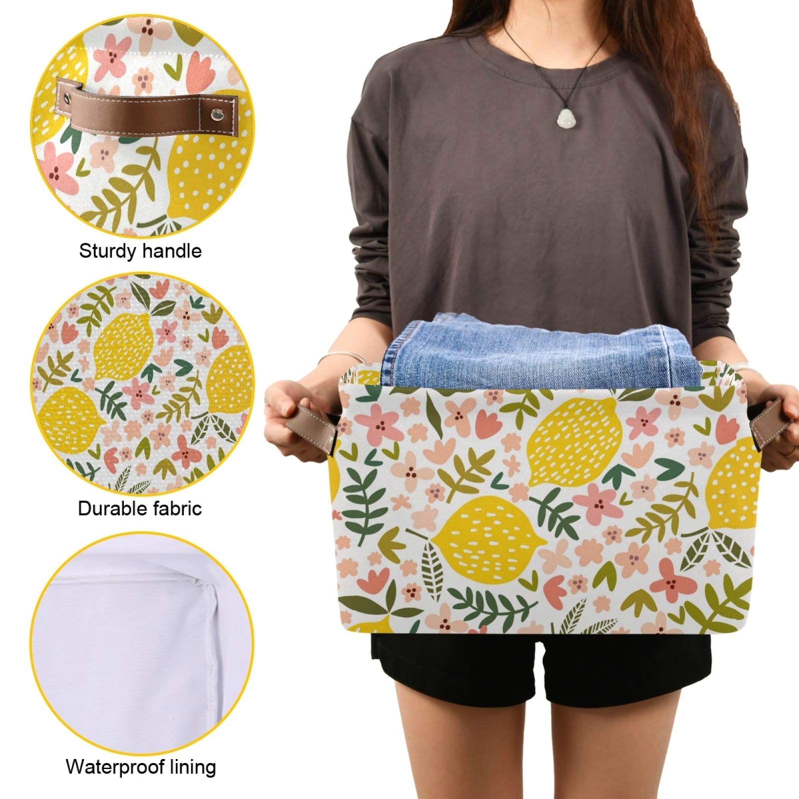 Susiyo Large Foldable Storage Bin - Beautiful Floral Lemon Fabric Collapsible Decorative Basket with PU Handles (2-Pack) | Perfect for Home Organization, Closet Storage, Bedroom & Living Room Shelves