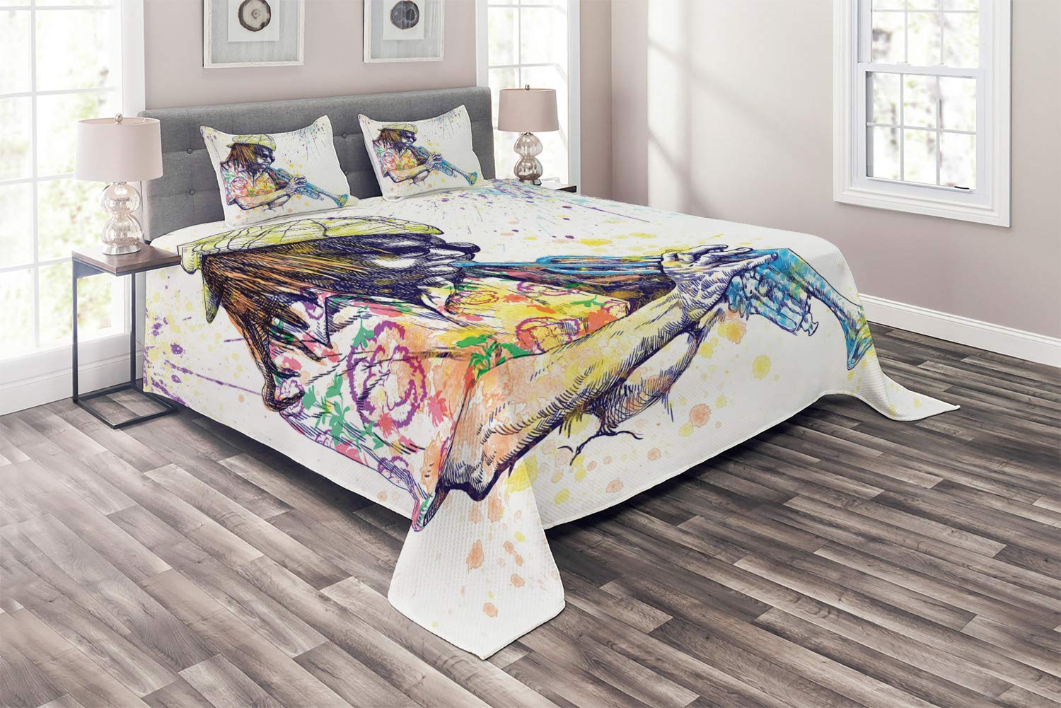 Ambesonne Jazz Music Quilt Set - King Size 3-Piece Bedspread with Trumpeter Illustration & Paint Splashes Design, Purple & Yellow Decorative Coverlet with 2 Pillow Shams | Perfect for Jazz Lovers' Bedroom, Music Themed Guest Room & Bohemian Home Decor