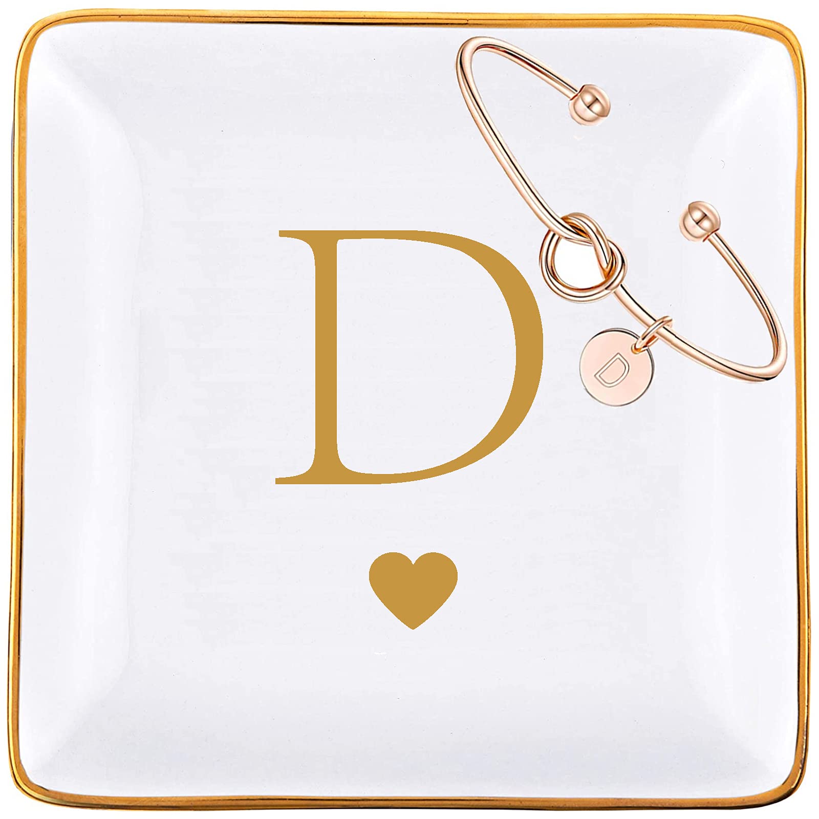 Personalized Initial Jewelry Tray & Rose Gold Knot Bracelet Gift Set for Women - Ceramic Ring Dish, Key Bowl Holder with Gold Monogram - Perfect Birthday, Bridesmaid, Mother's Day Gift for Her, Mom, Grandma, Daughter, Sister (Letter D) - Elegant Home Decor & Jewelry Organization Solution