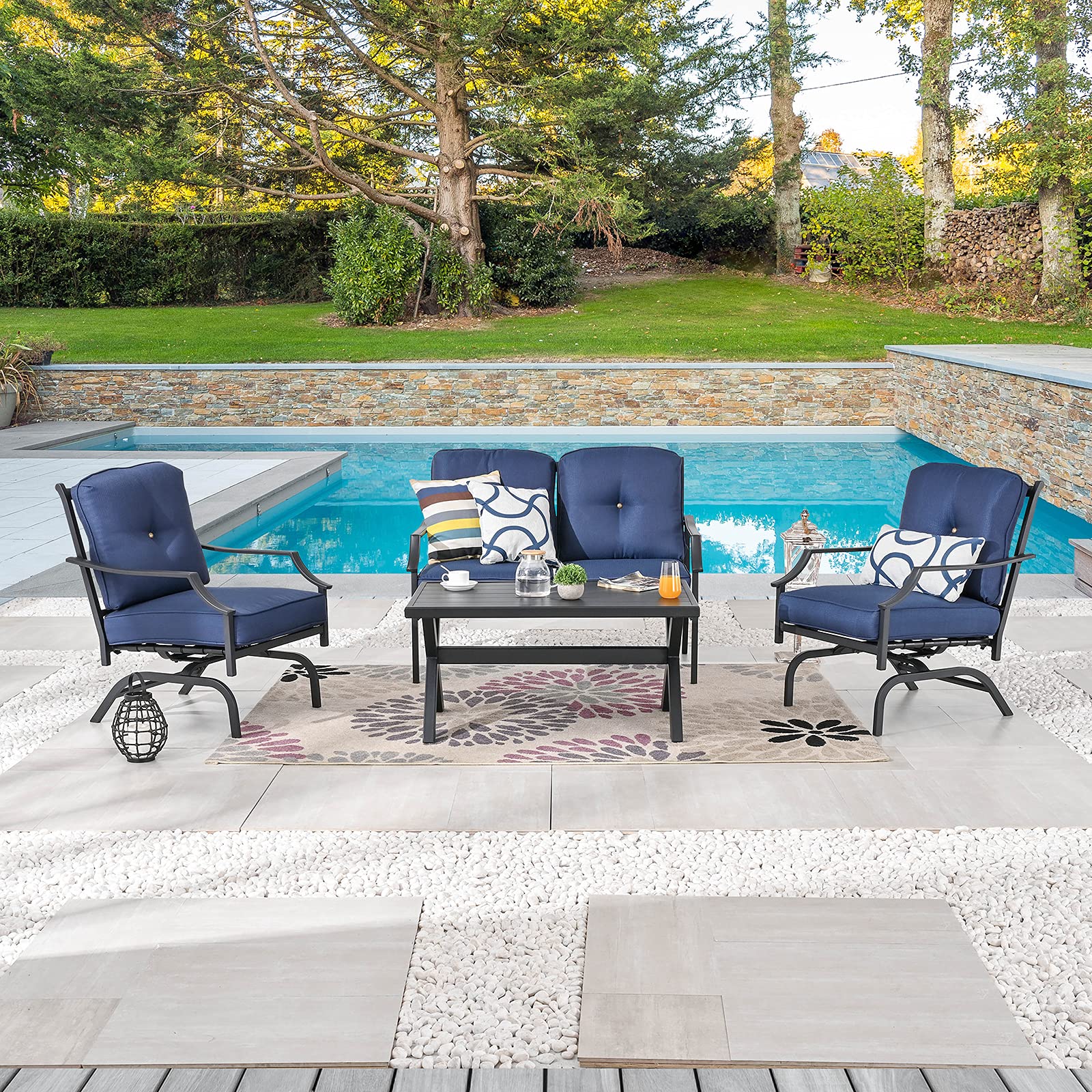 4-Piece Outdoor Patio Conversation Set with Loveseat, Armchairs & Coffee Table - Durable Metal Frame & Soft Thick Cushions (Blue) - Perfect for Garden, Backyard, Poolside & Bistro Relaxation