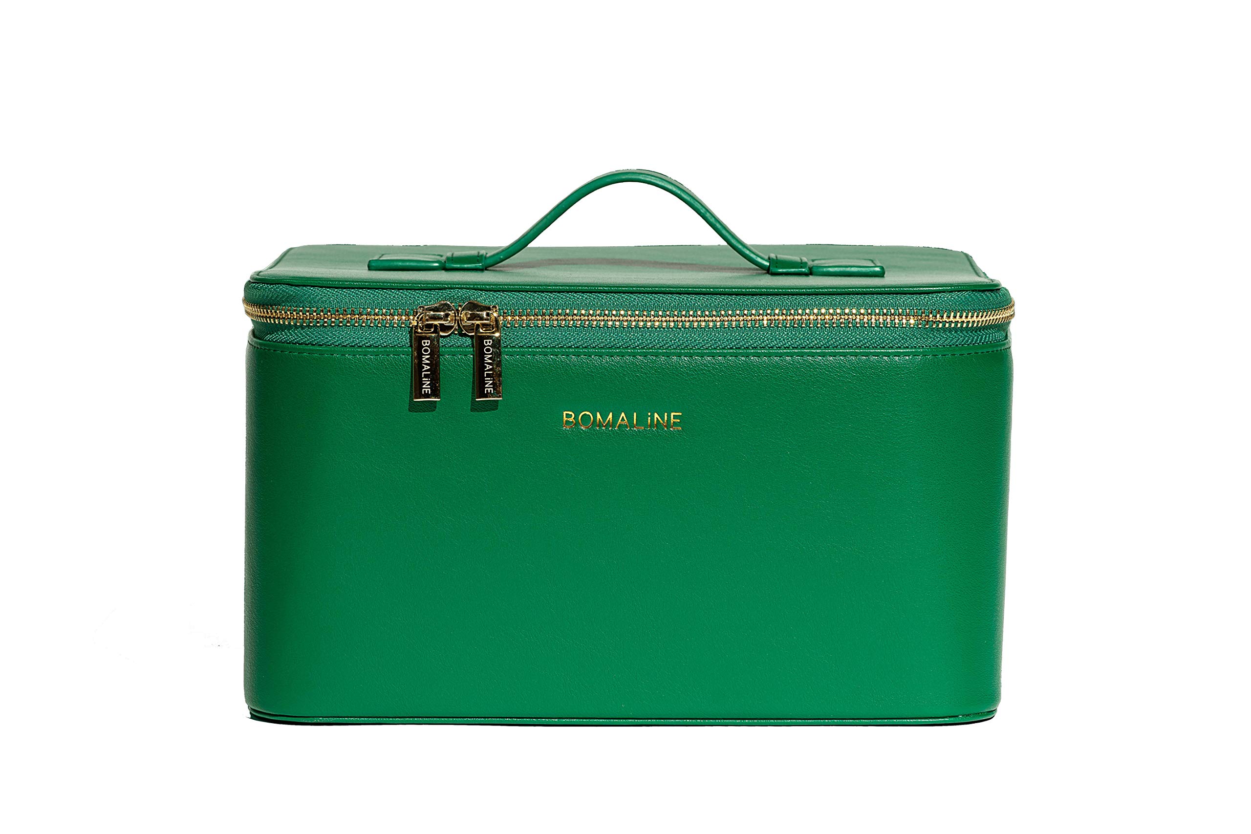 BOMALiNE Noti Square Train Case - Large Vegan Leather Makeup Bag for Professionals | Travel Cosmetic Organizer (23.5x28x14.2cm) Dark Green | Perfect for Makeup Artists, Bridal Kits & Travel Essentials