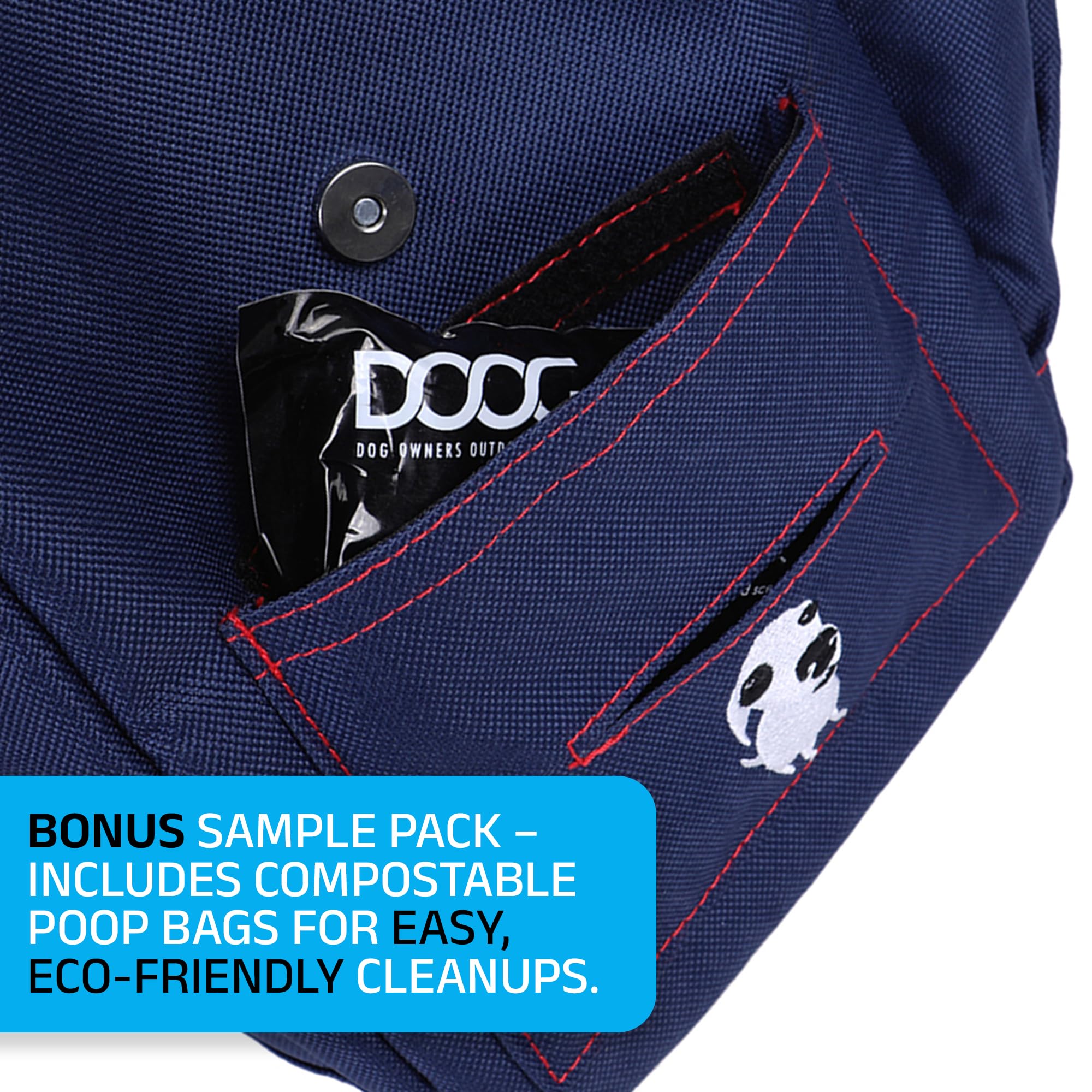 DOOG Adjustable Shoulder Walkie Bag with Poo & Water Bottle Pockets - Navy & Red for Dog Walking, Hiking & Outdoor Adventures