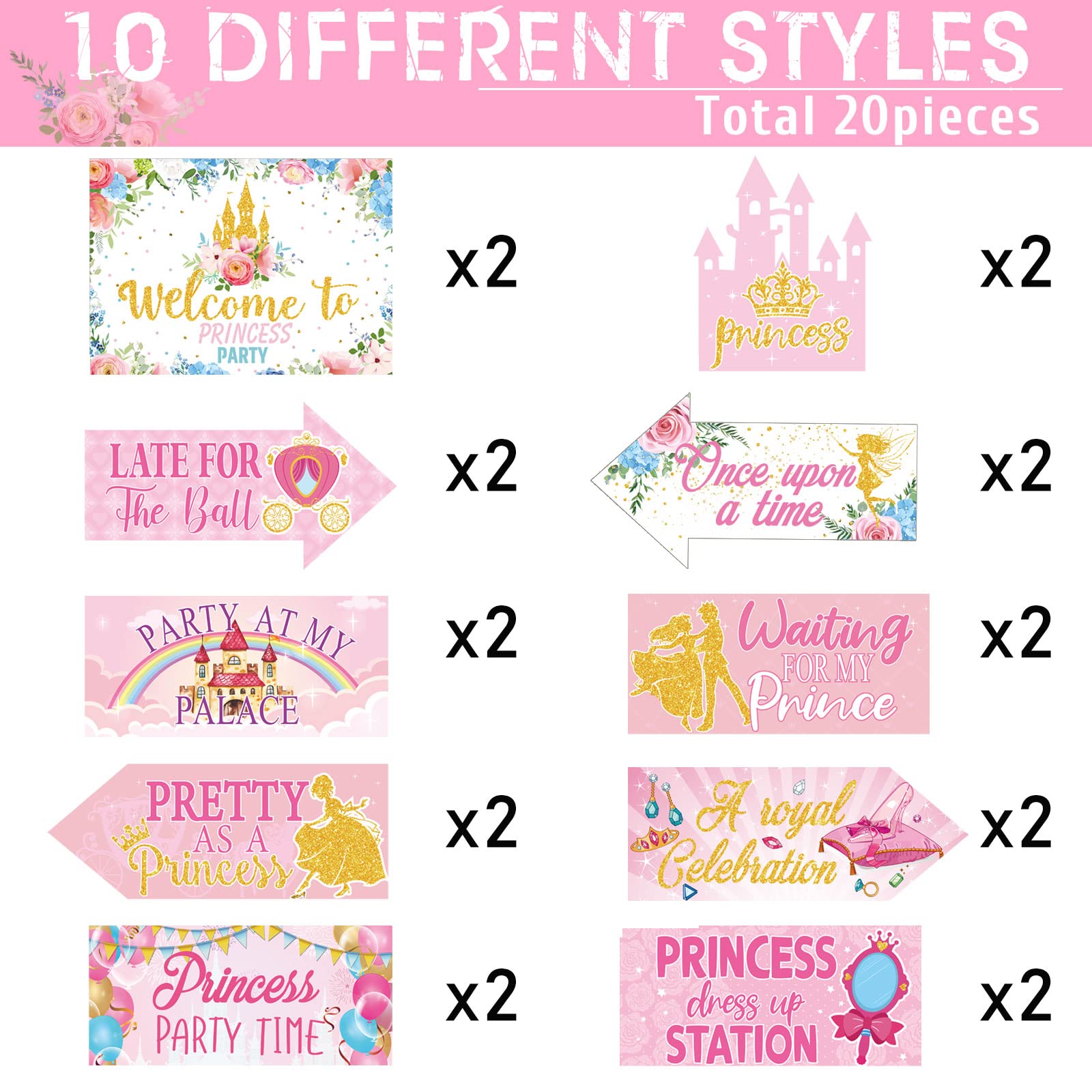 20-Piece Princess Birthday Party Decorations Set - Welcome Sign, Queen Directional Signs & Castle Decor for Girls Birthday, Baby Shower (10 Styles) | Perfect for Princess-Themed Parties, Baby Showers & Royal Celebrations