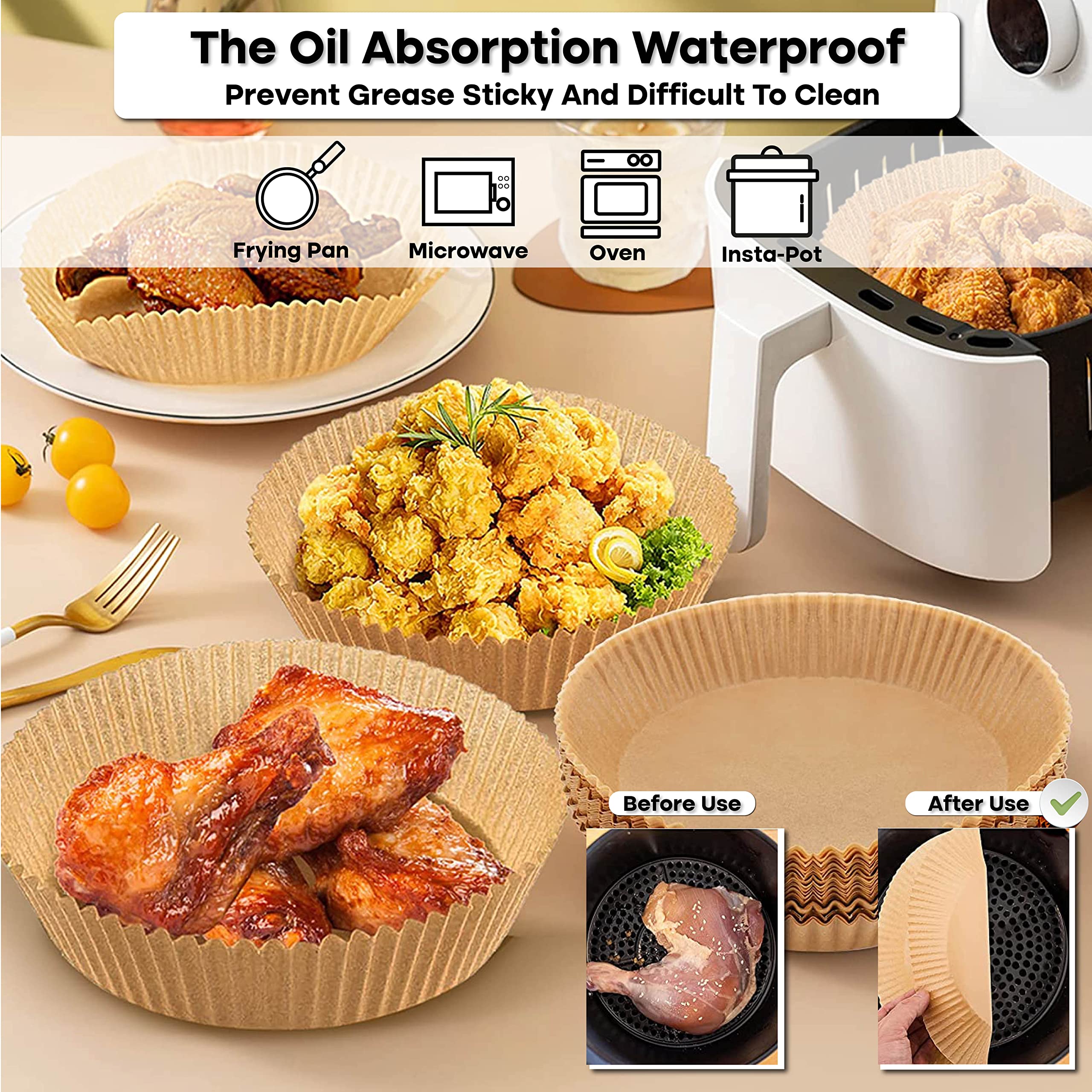 Xabono 100Pcs Air Fryer Liners - 6.3 Inch Disposable Non-Stick Parchment Paper, Oil & Waterproof Baking Sheets for Air Fryers, Ovens, Roasting - Perfect for Chicken Wings, French Fries & Vegetables