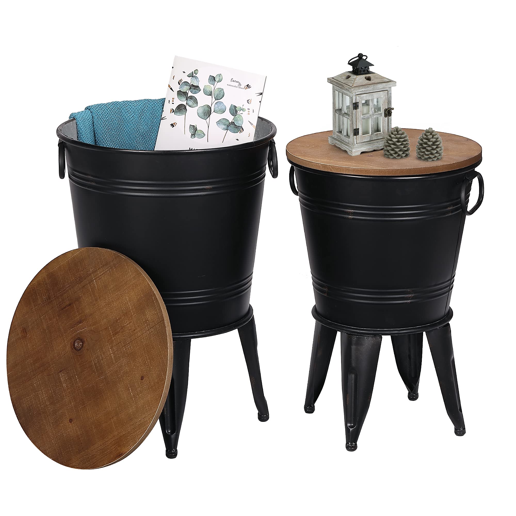 Rustic Farmhouse Side Table Set of 2 - Vintage Galvanized Metal End Tables with Round Wooden Lids - Black Coffee Cocktail Tables with Storage Bin for Living Room, Bedroom, or Patio Decor