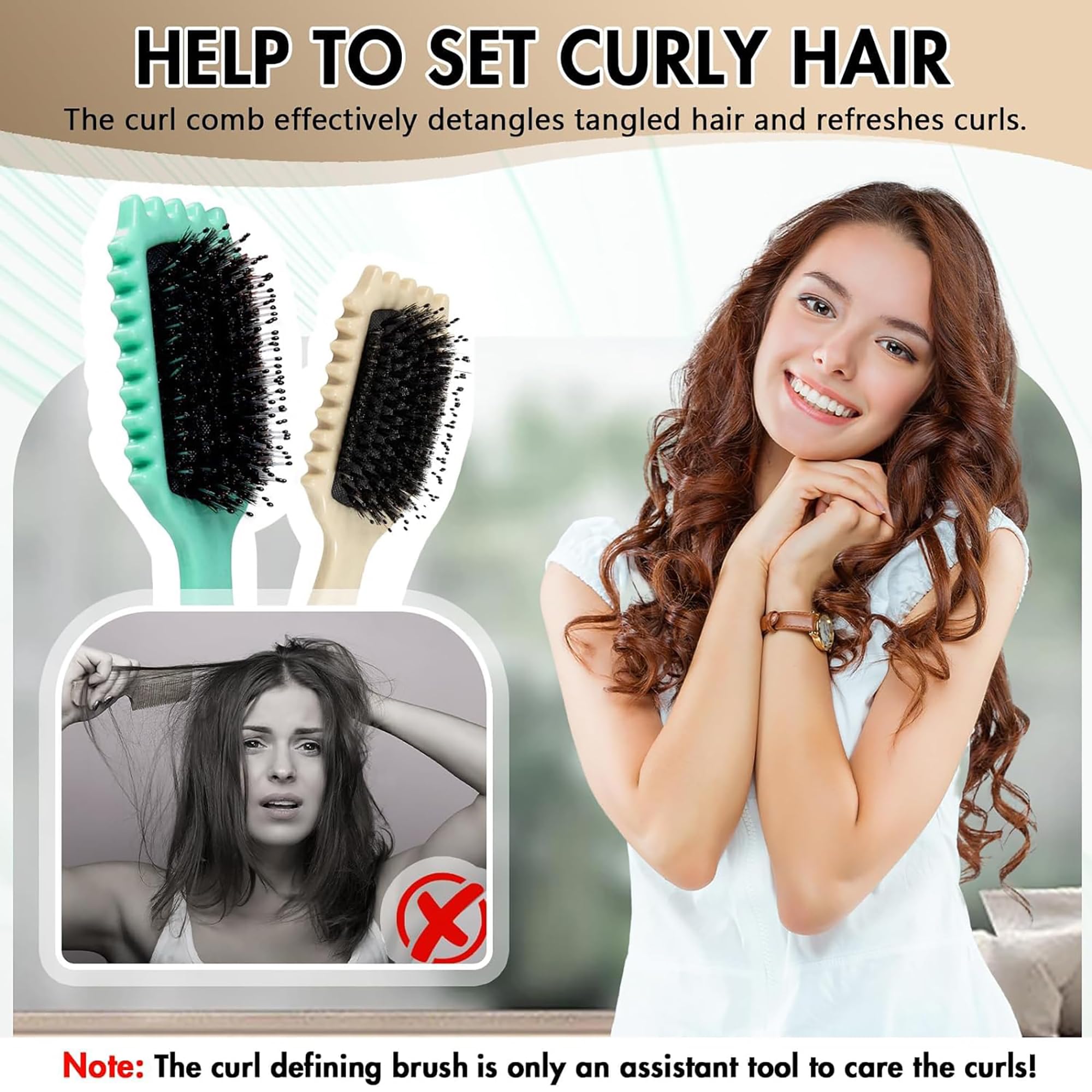 Best Curl Defining Brush for Women - Boar Bristle Hair Brush for Curly Hair, Reduces Pulling & Frizz | Perfect for Styling, Detangling & Smoothing Curls at Home or Salon (Green)
