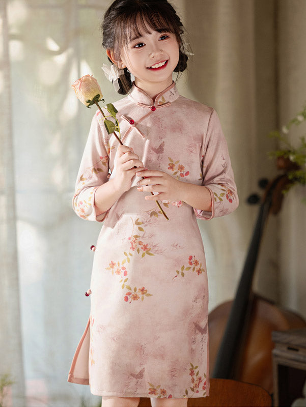 Pink Floral Suede Cheongsam Dress for Girls | Traditional Chinese Qipao Winter Dress | Perfect for Chinese New Year, Holiday Parties & Cultural Events