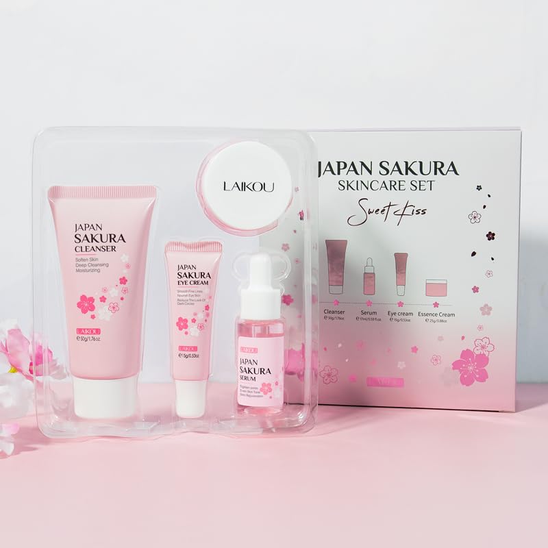 Japan Sakura Skin Care Gift Set - 4-Piece Travel Kit with Cleanser, Serum, Eye Cream & Face Cream | Gentle Skincare for Women, Moms, Wives & Teens | TSA-Friendly Beauty Essentials for Daily Routine & Gifting