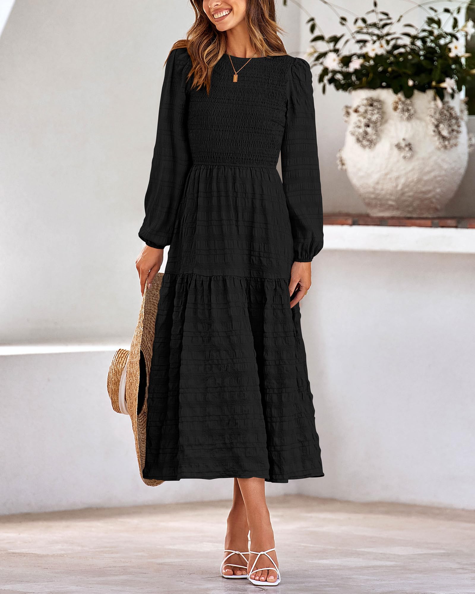 Dowerme Women's Boho Wedding Party Maxi Dress - 2025 Spring Puff Long Sleeve Crewneck Smocked Tiered Flowy A-Line Dress for Bridesmaids, Garden Weddings & Special Occasions