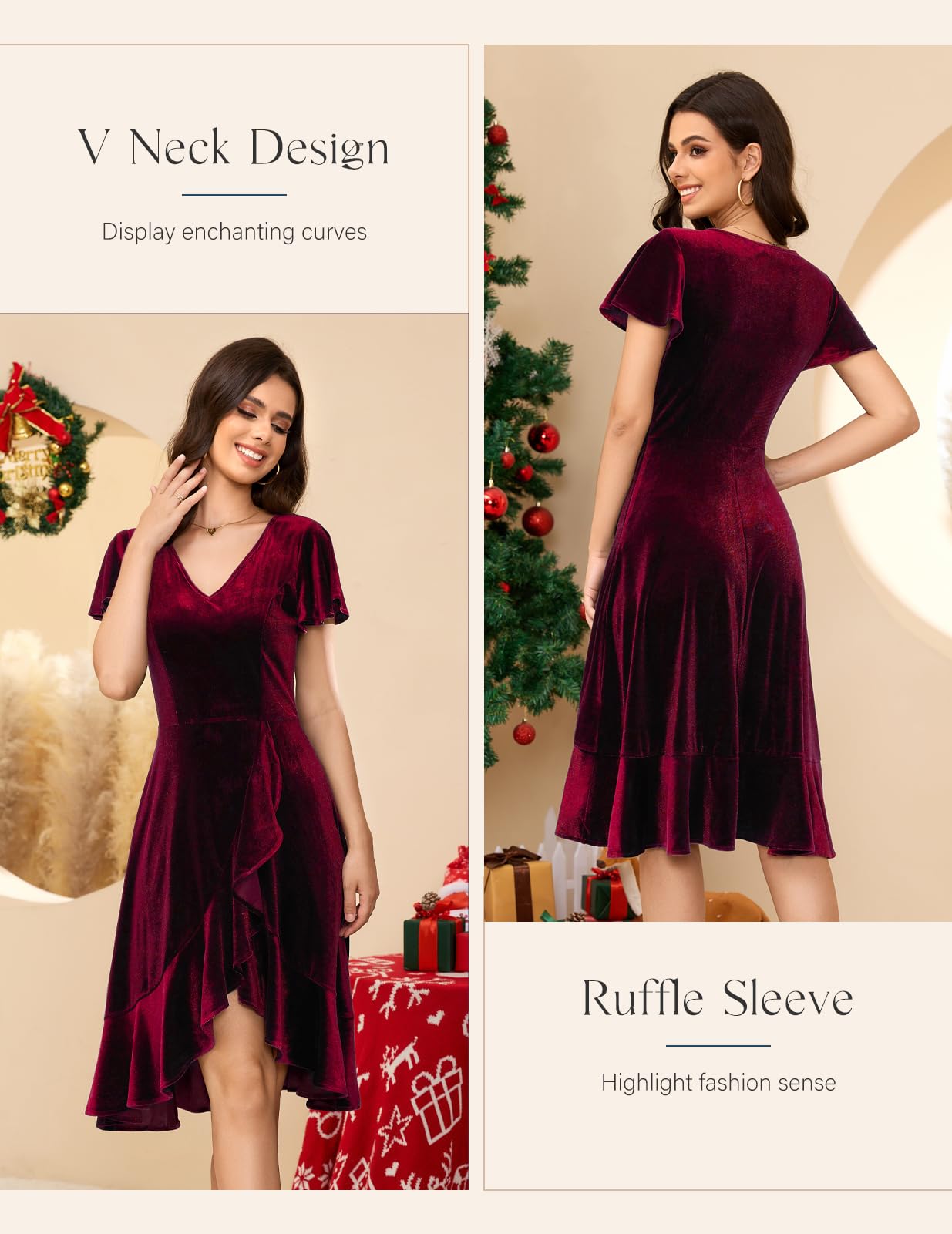 DRESSTELLS Women's Velvet Cocktail Dress 2024 | Elegant V-Neck Formal Gown for Christmas, Wedding Guest & Holiday Parties | Winter Evening Wear for Special Occasions