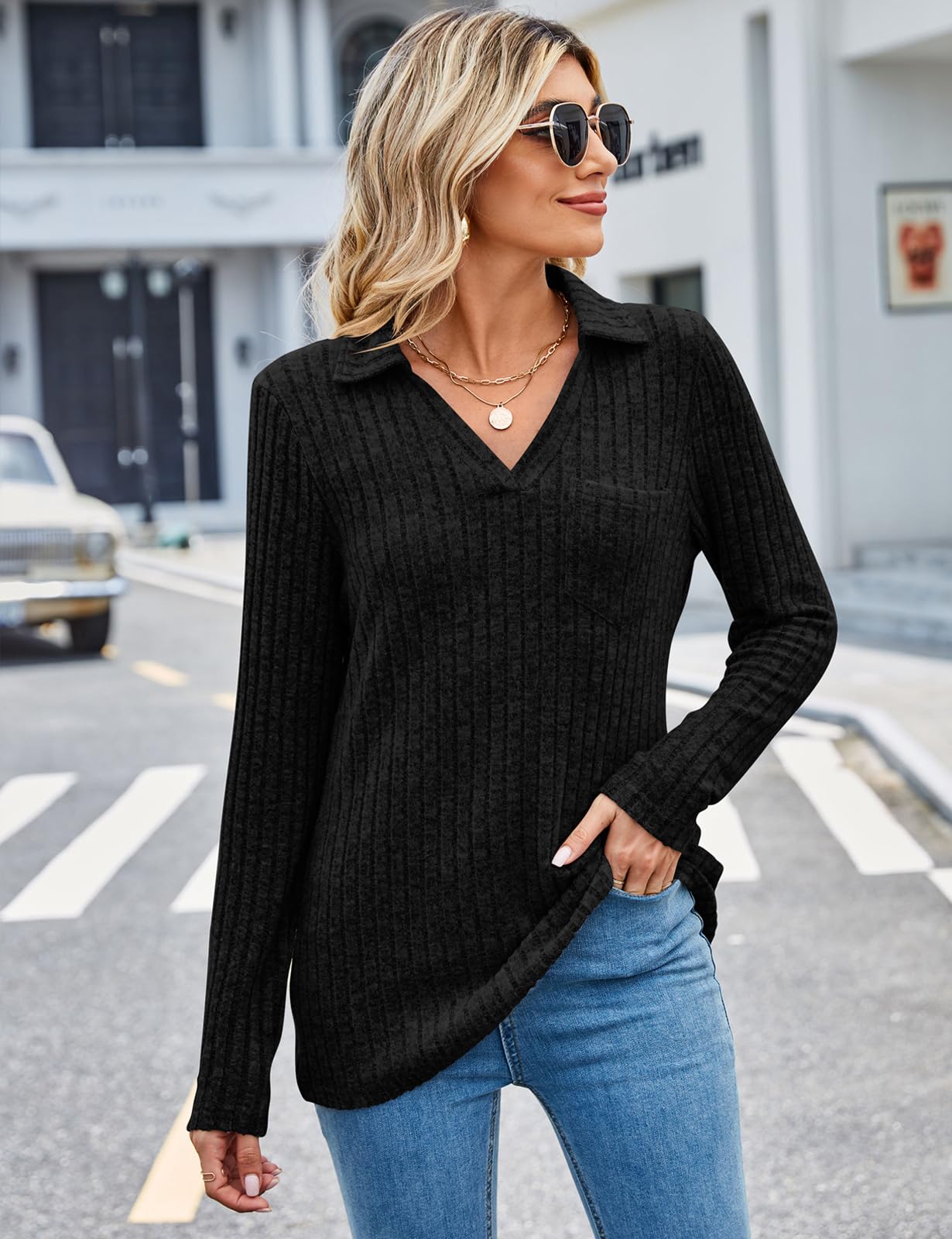Gemulate Women's Plus Size Long Sleeve V-Neck Ribbed Jumper Sweatshirt - Lightweight & Comfortable Tops for Casual Wear (Sizes S-XXL) | Perfect for Office, Lounge & Fall Layering