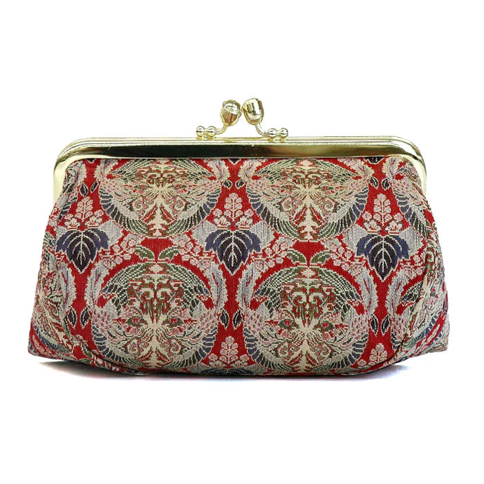 Handmade Kyoto Nishijin Brocade Small Pouch - Floral Phoenix Design in Red | Japanese Traditional Cosmetic & Makeup Bag | Gamaguchi Style Travel Toiletry Organizer | Perfect for Stationery, Purse Organization & Daily Essentials