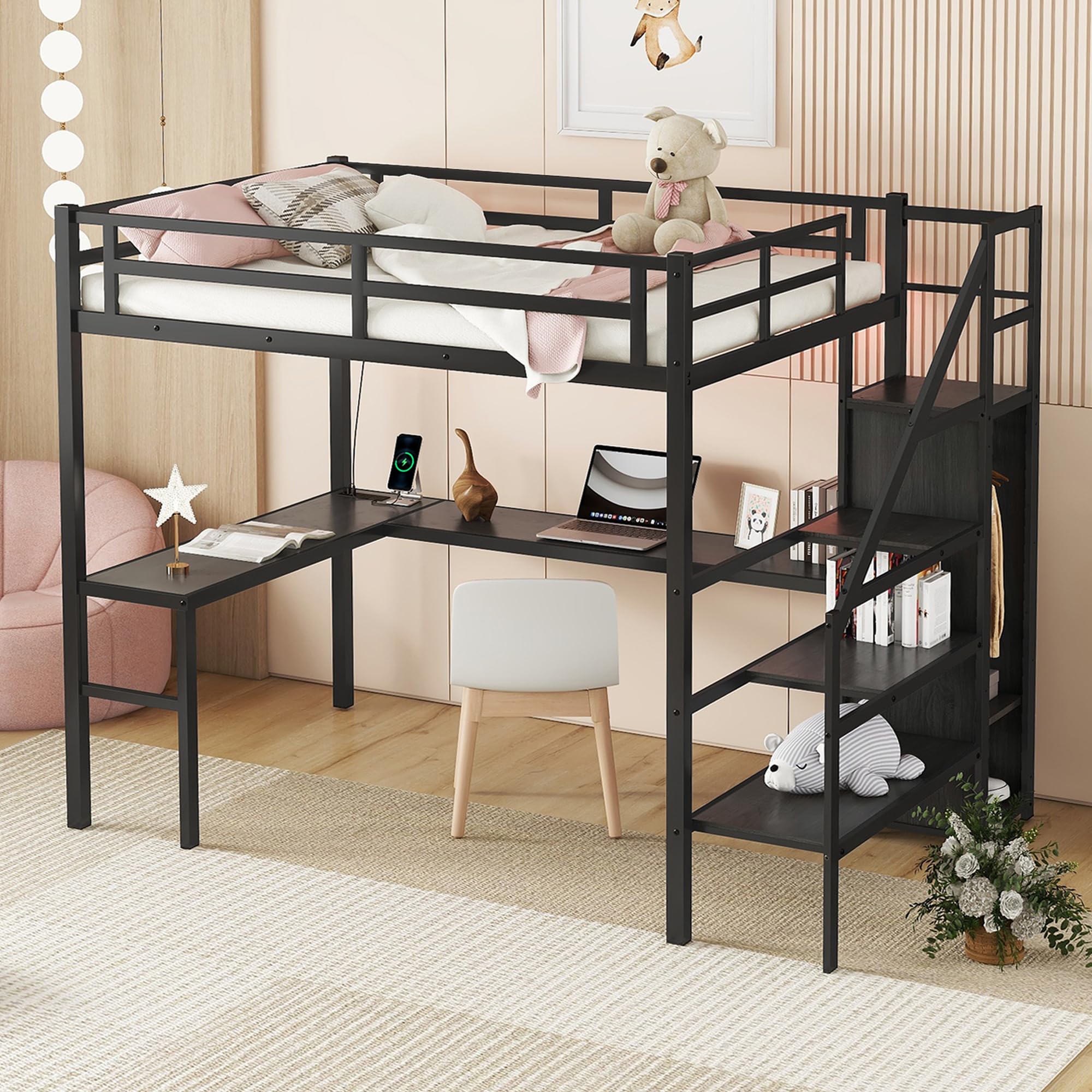 Full XL Size Loft Bed with L-Shaped Desk & Wardrobe - Metal Loft Bed Frame with Storage Stairs, Adjustable Shelf & Guardrails - 69