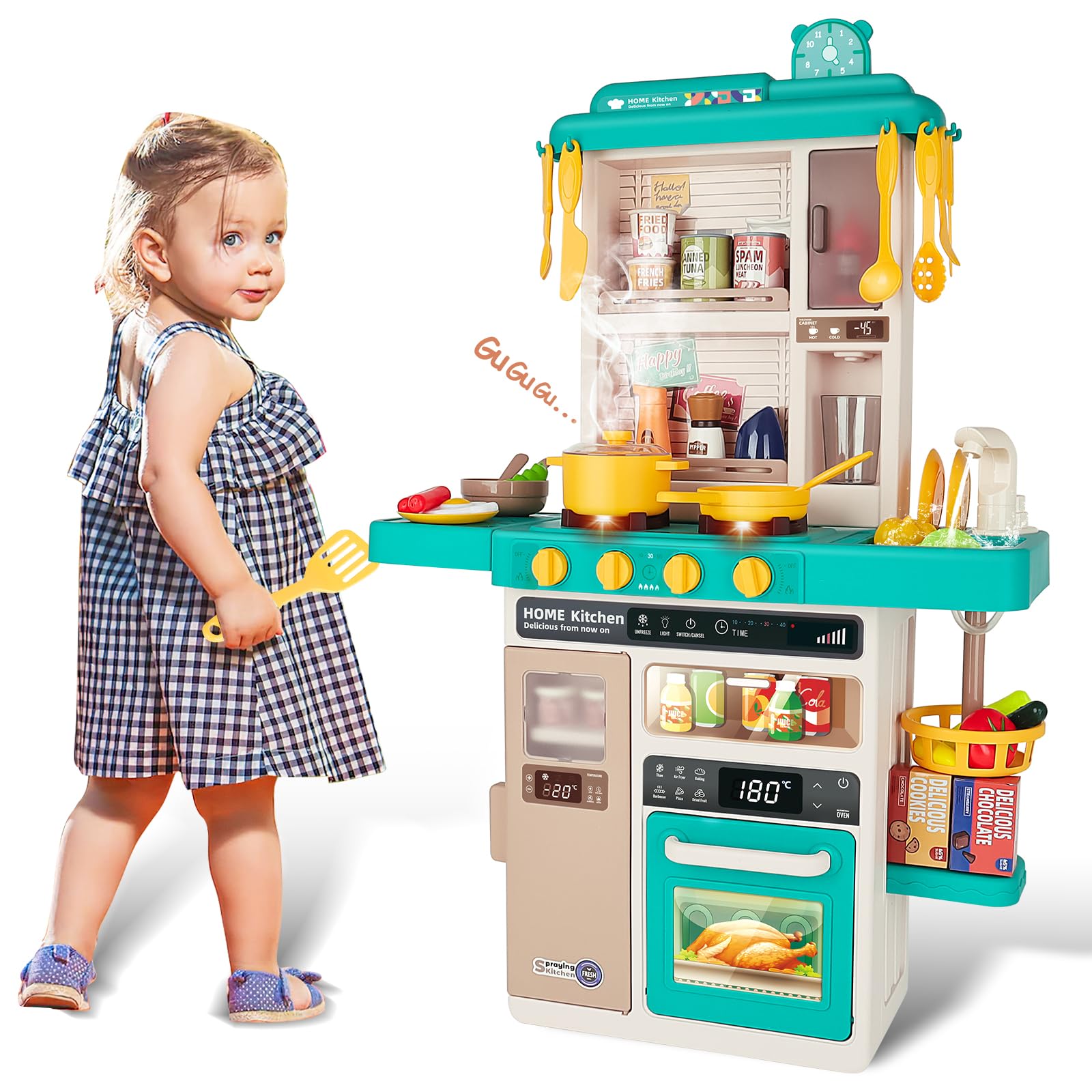 **deAO 50PCS Kids Play Kitchen Set with Sounds, Lights & Steam - Pretend Cooking Toy for Boys & Girls Ages 2-12 - Perfect Birthday & Christmas Gift for Toddlers - Fun Role-Playing for Home & Preschool Learning**