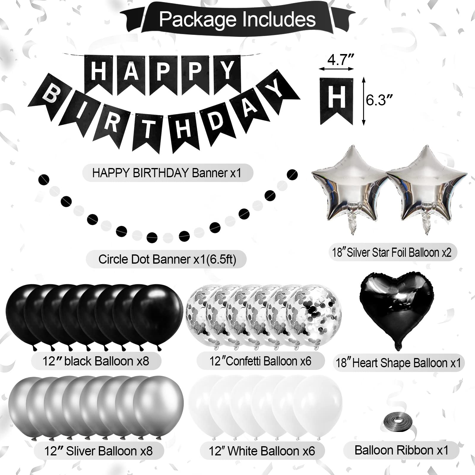 Black and White Birthday Party Decorations Set - Happy Birthday Banner, Fringe Curtains & Pompom Flowers for Men, Women, Boys & Girls | Elegant Black & Silver Theme for Adult Birthdays, Milestone Celebrations & Gender Reveal Parties