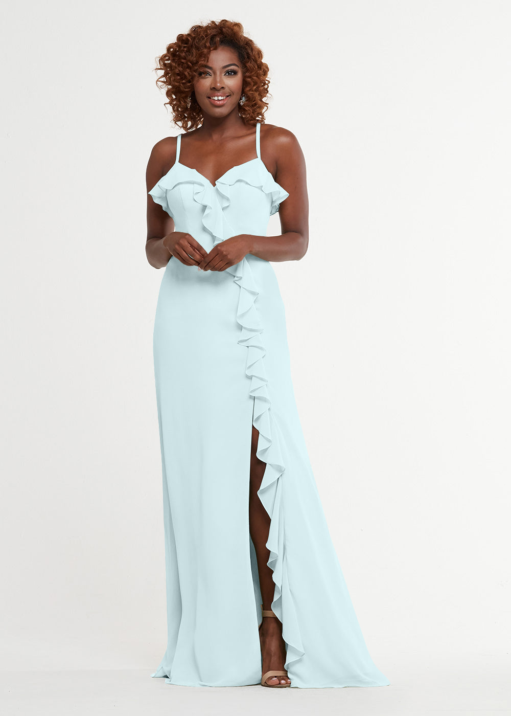 Elegant 80174 Chiffon A-Line Bridesmaid Dress with Ruffles & High Slit - Perfect for Weddings, Formal Events & Prom - Plus Size Options Available