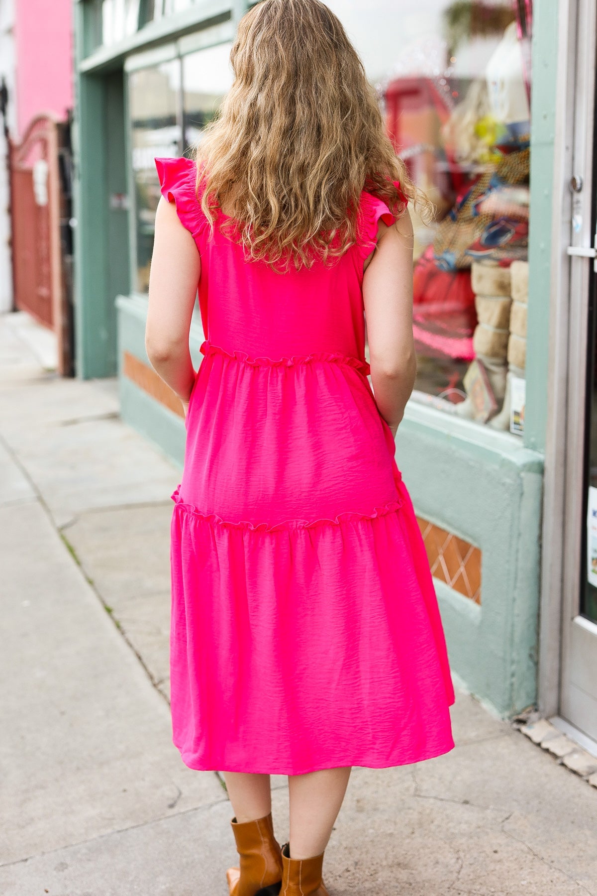 Fuchsia Smocked Flutter Sleeve Tiered Midi Dress for Women - Elegant Summer Party Dress for Weddings, Cocktails & Special Occasions