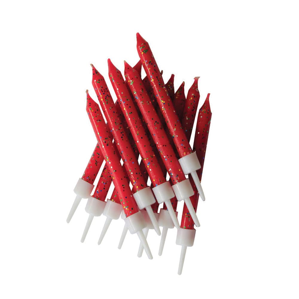 12 Pack Red Glitter Birthday Candles with Holders - 7.5cm Tall Cake Decorations for Birthday Parties, Weddings & Special Celebrations - AHC152