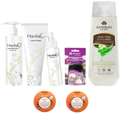 Khaokho Talaypu Extra Set Havilah Herbal Shampoo & Conditioner with Aloe Vera & Cucumber - 330ml Hair Loss Prevention & Nourishing Treatment Set (Includes Free Beauty Gift) - Perfect for Dry, Damaged Hair & Scalp Care