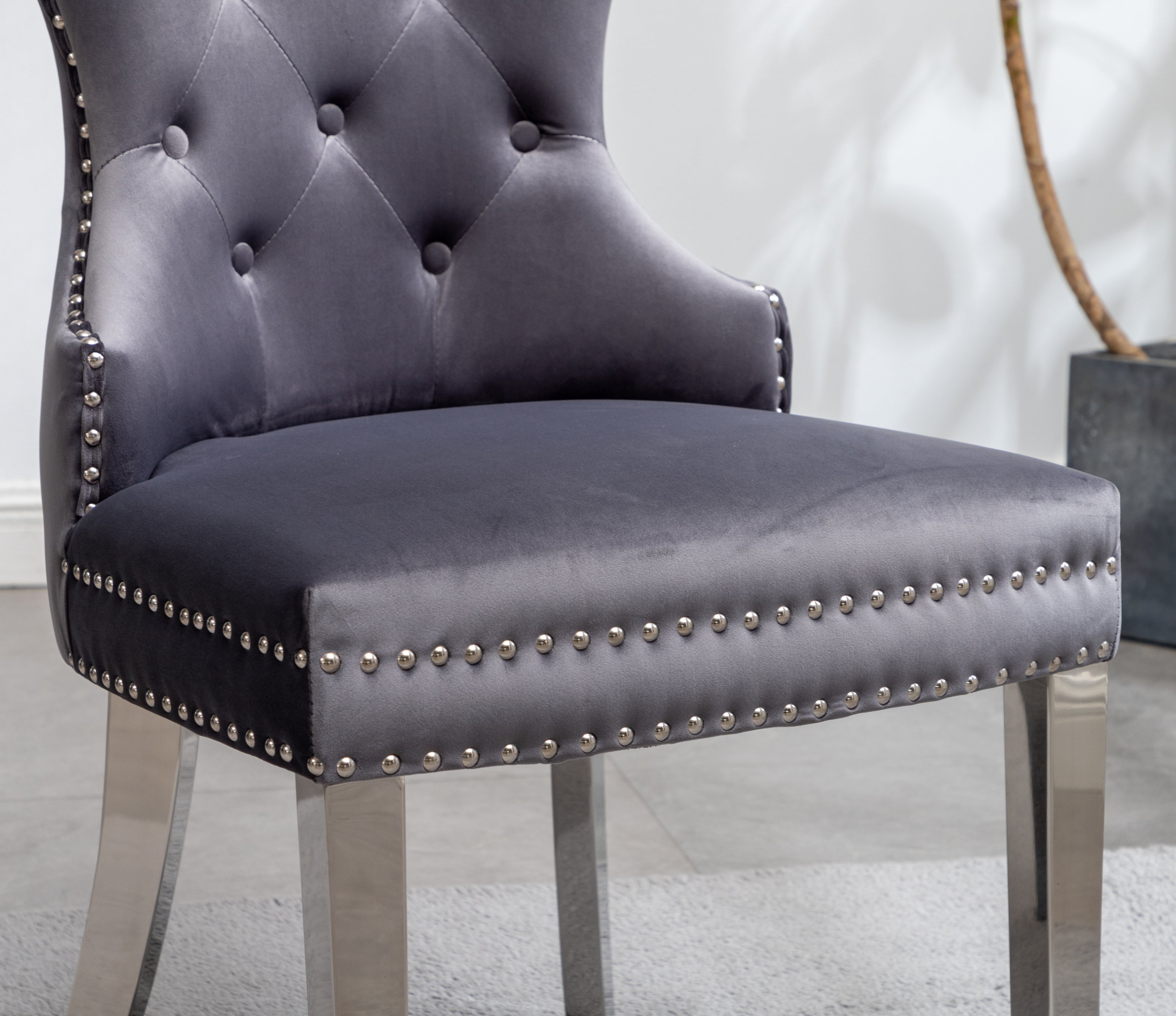 Roundhill Furniture Montura Contemporary Tufted Velvet Accent Chairs with Nailhead Trim - Set of 2 Gray Upholstered Living Room Chairs for Modern Home, Office or Lounge Decor