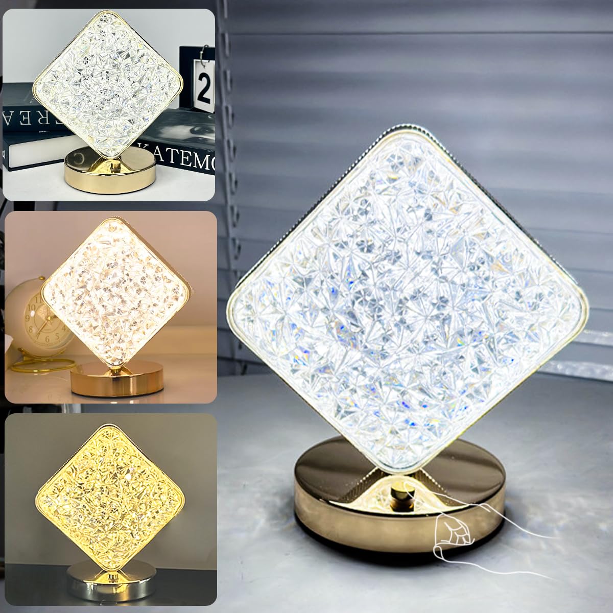 Rechargeable Gold Cordless Square Lamp with Touch Sensor - 3 Color Dimmable LED Night Light, Adjustable Brightness Battery Powered Desk & Bedside Lamp for Nightstand, Living Room, Bedroom, End Table | Perfect for Reading, Relaxation & Decorative Lighting