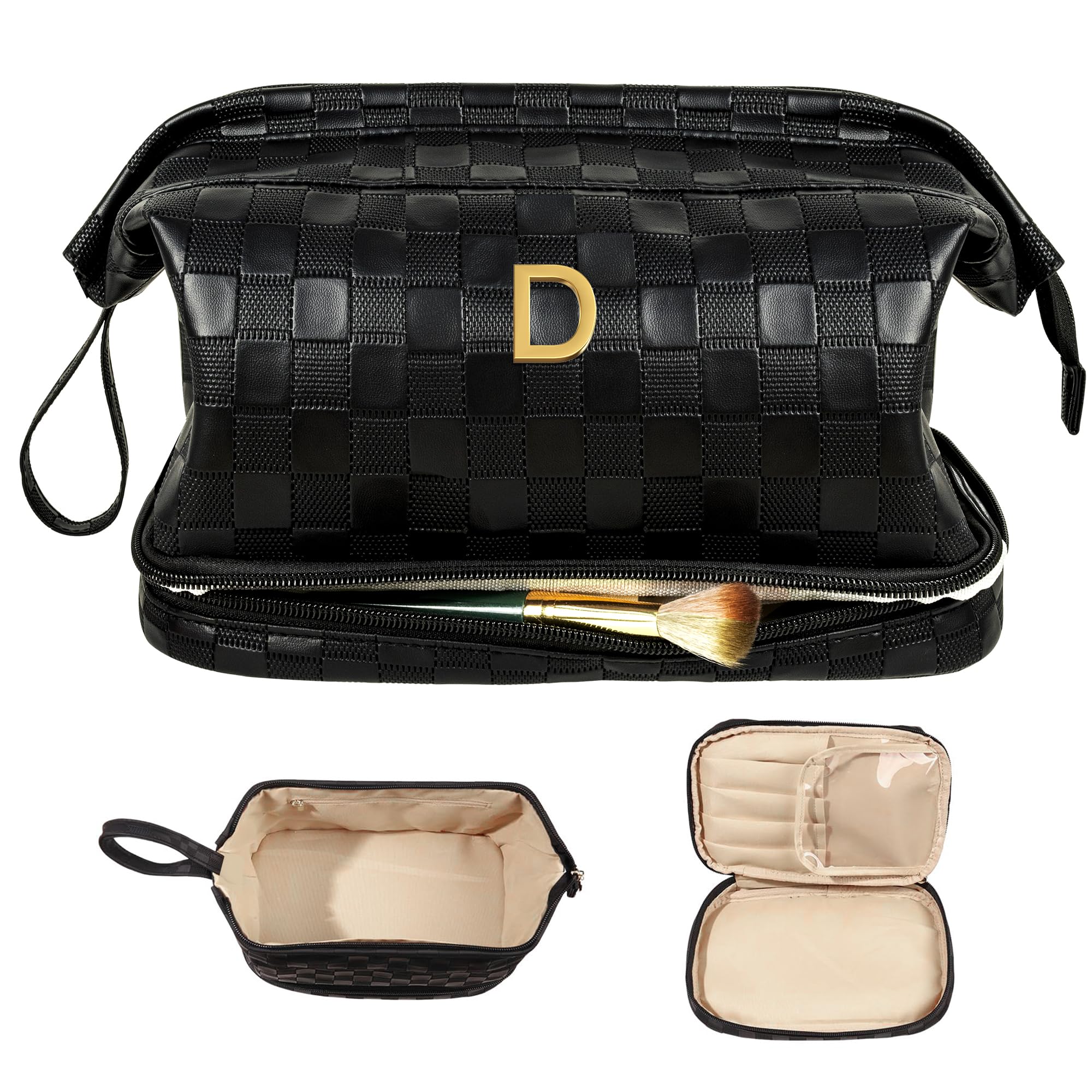 Personalized Large Makeup Bag for Women - Monogrammed Double Layer Cosmetic Organizer with Brush Holder, Waterproof PU Leather Travel Toiletry Bag - Perfect Birthday Gift, Teacher Appreciation Present (Great for Travel, Daily Makeup Storage & Gift Giving)