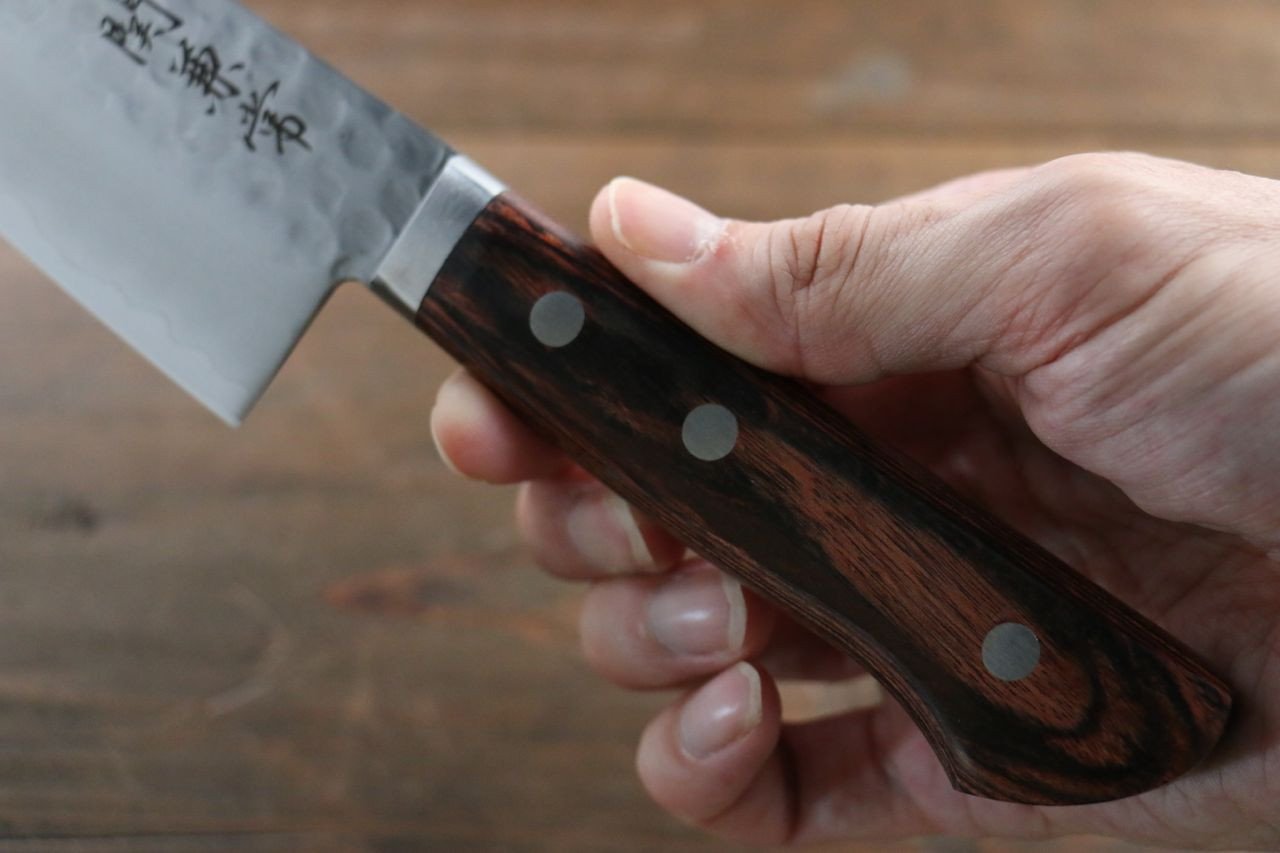 Kanetsune VG1 Hammered Santoku Knife 165mm - Japanese Mahogany Handle Chef Knife for Slicing, Dicing & Chopping Vegetables, Meat & Fish
