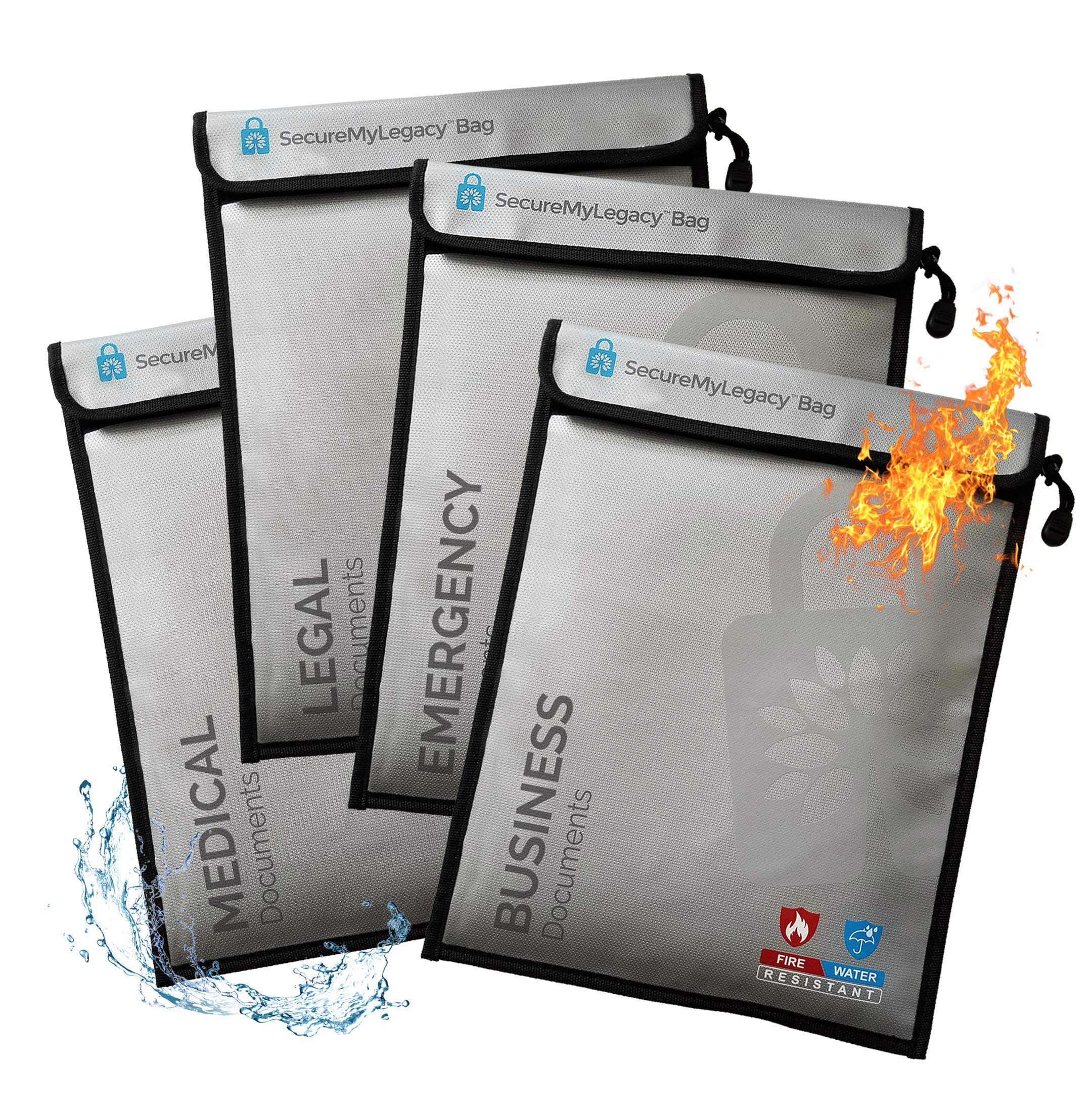 Fireproof Waterproof Document Bags - 4 Pack Secure File Organizer for Legal Papers, Passports & Cash - Fire/Water/Smoke Resistant Storage Solution for Home, Office & Emergency Preparedness