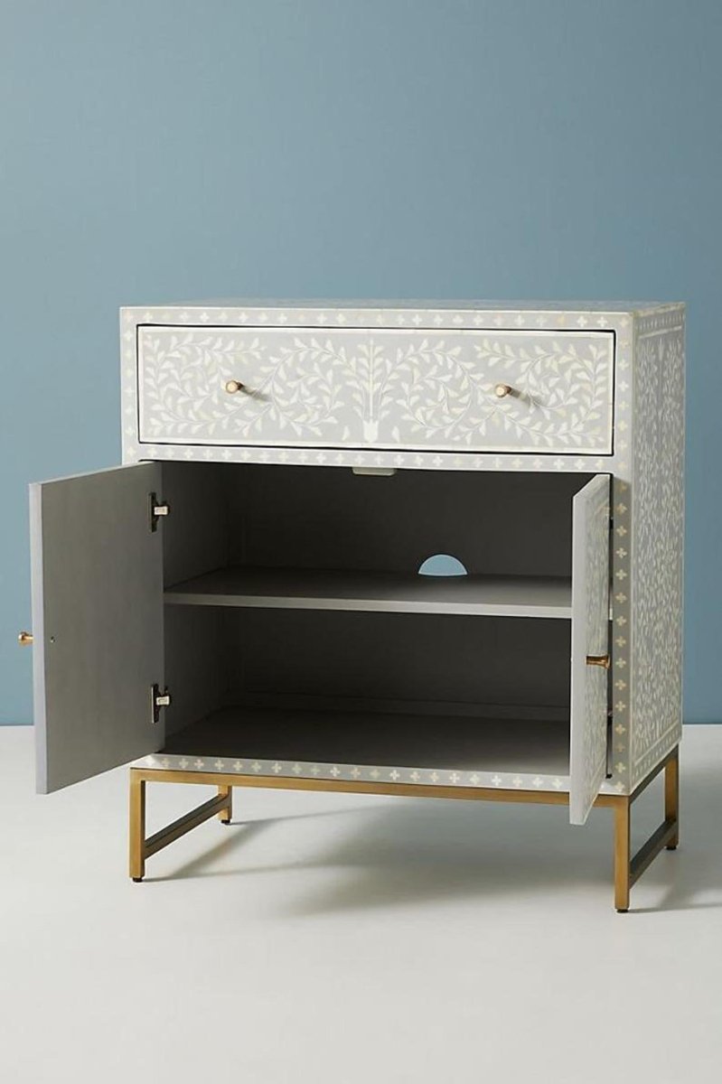 Handmade Grey Bone Inlay Entryway Console Table - Small Sideboard Buffet Cabinet for Hallway, Living Room & Dining Room Decor