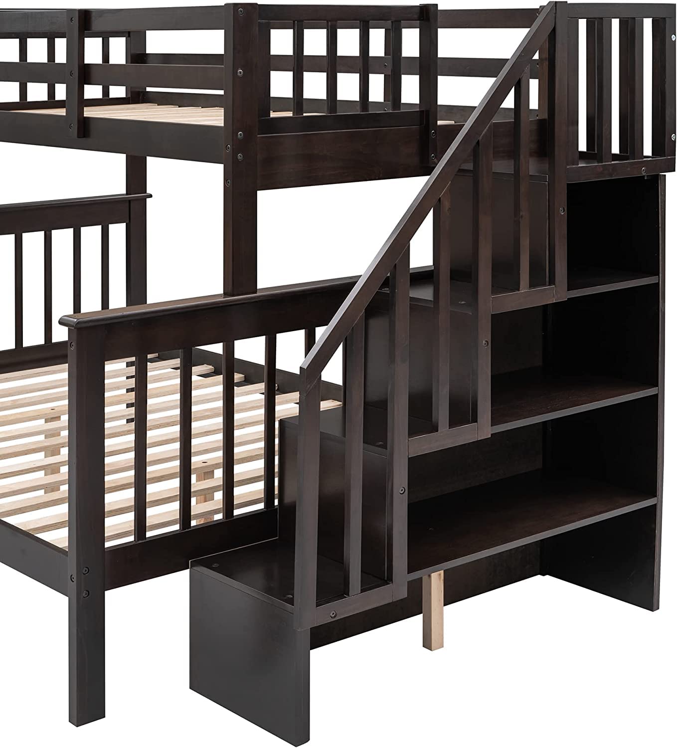 **CITYLIGHT Twin Over Full Wooden Bunk Bed with Stairs & Storage Shelves - Convertible to 2 Separate Beds - Espresso Finish - Perfect for Kids Bedroom, Dorm, Guest Room & Small Spaces**