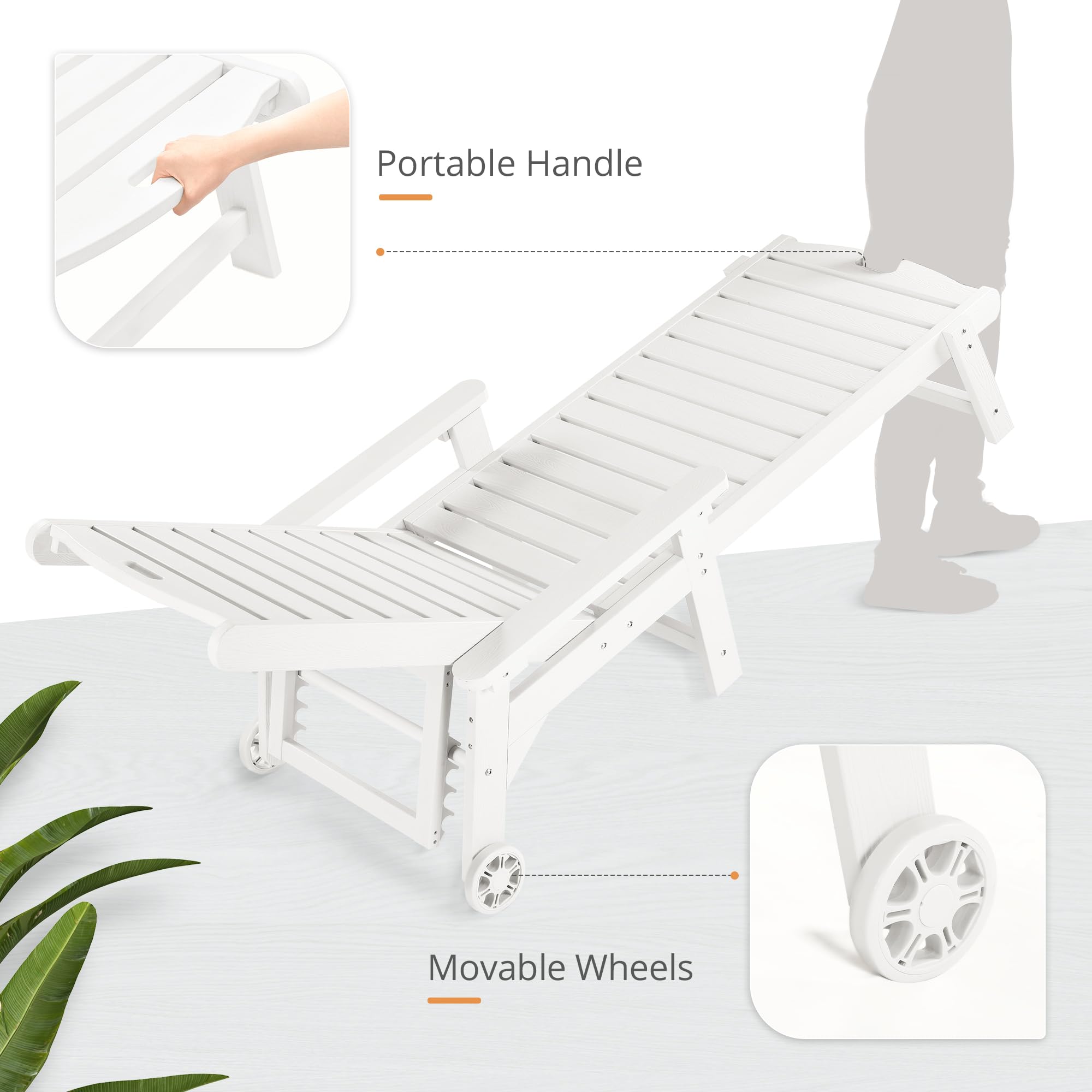 LUE BONA 79'' Oversized Adjustable Outdoor Chaise Lounge Chair with Wheels - 5-Position Reclining Poolside Lounger for Backyard, Patio & Beach - Durable HDPS Material - White (3-Year Warranty) - Perfect for Sunbathing, Relaxing by the Pool or Outdoor Lounging