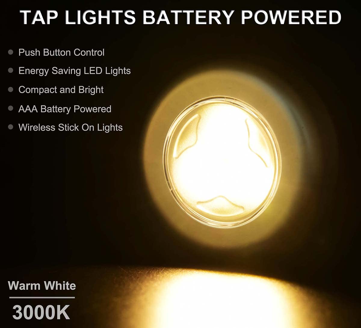 6 Pack Battery Powered LED Tap Lights - Cordless Puck Lights for Under Cabinet, Closet, Kitchen, Bedroom, RV & Outdoor Use - Bright Stick-On Touch Lights for Easy Nighttime Navigation