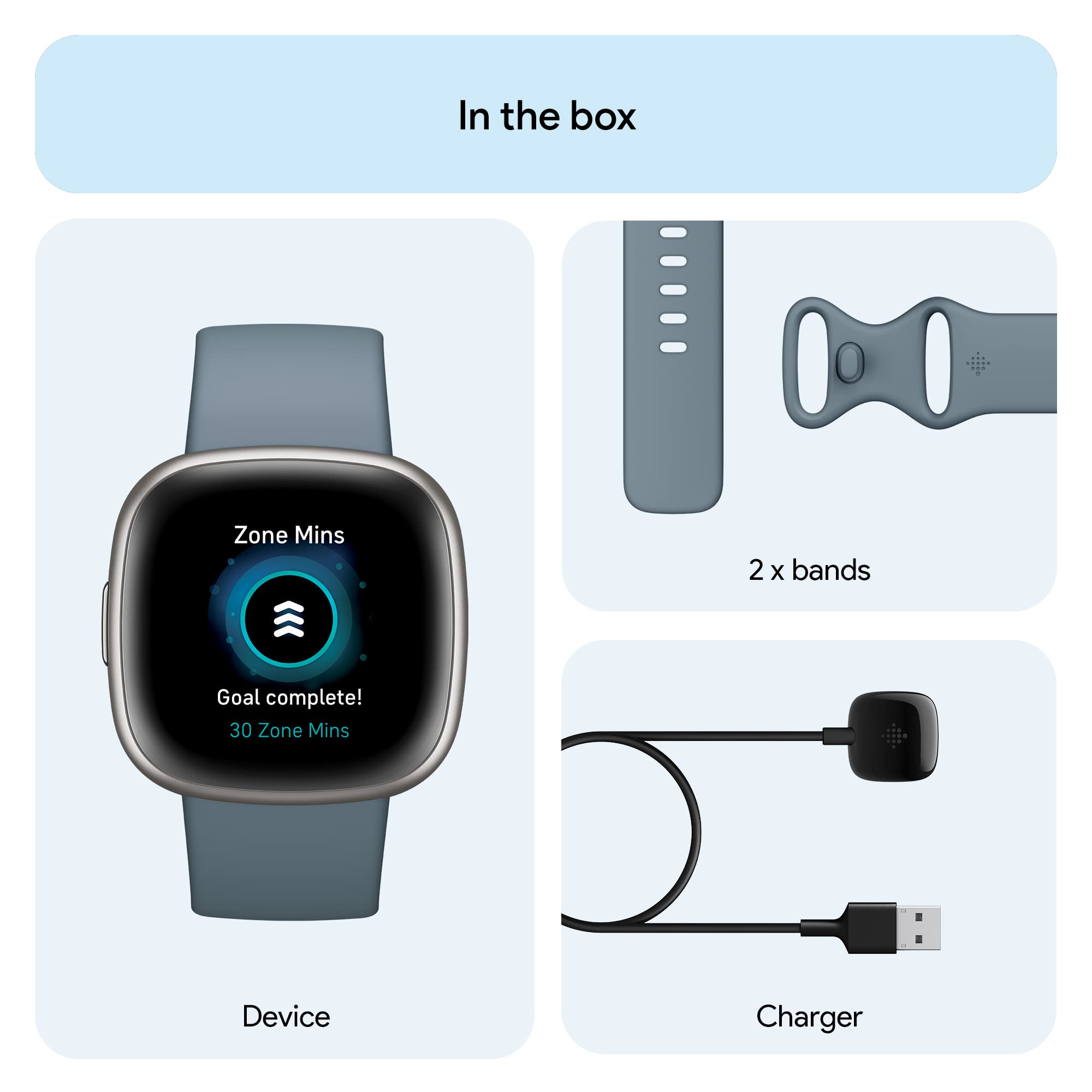 Fitbit Versa 4 Smart Watch with GPS, Heart Rate Monitor & 40+ Exercise Modes - Waterproof Fitness Tracker for Running, Swimming & Sleep Tracking - Includes S & L Bands (Waterfall Blue/Platinum) - Perfect for Active Lifestyles & Health Monitoring