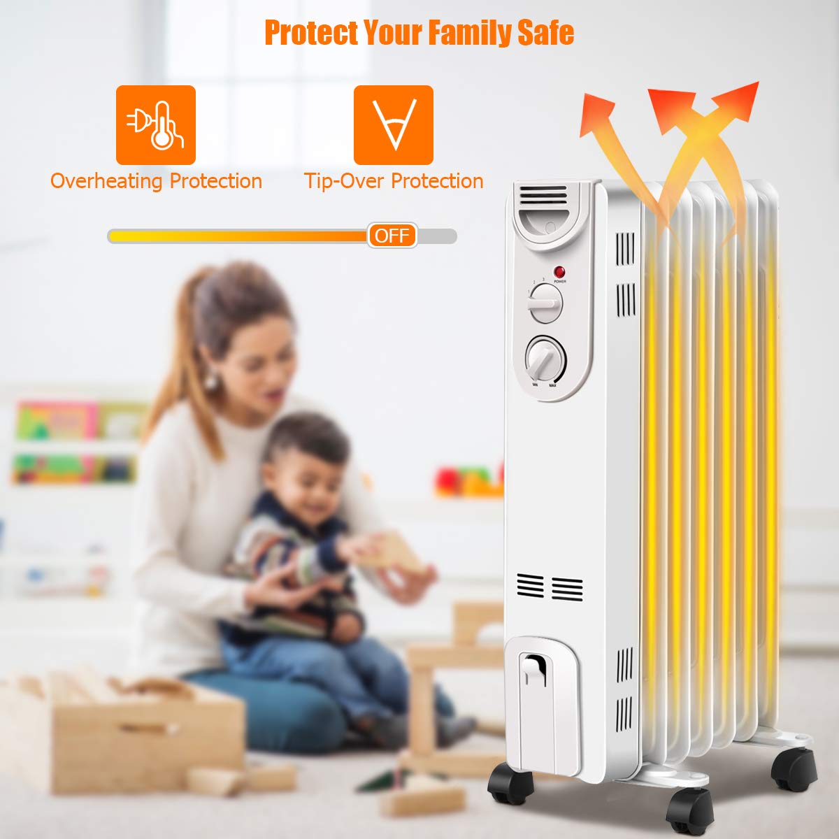 COSTWAY 1500W Oil Filled Radiator Heater - Portable Electric Space Heater with 3 Heat Settings, Adjustable Thermostat, Overheat & Tip-Over Protection - Ideal for Living Room, Bedroom, Office & Indoor Winter Heating