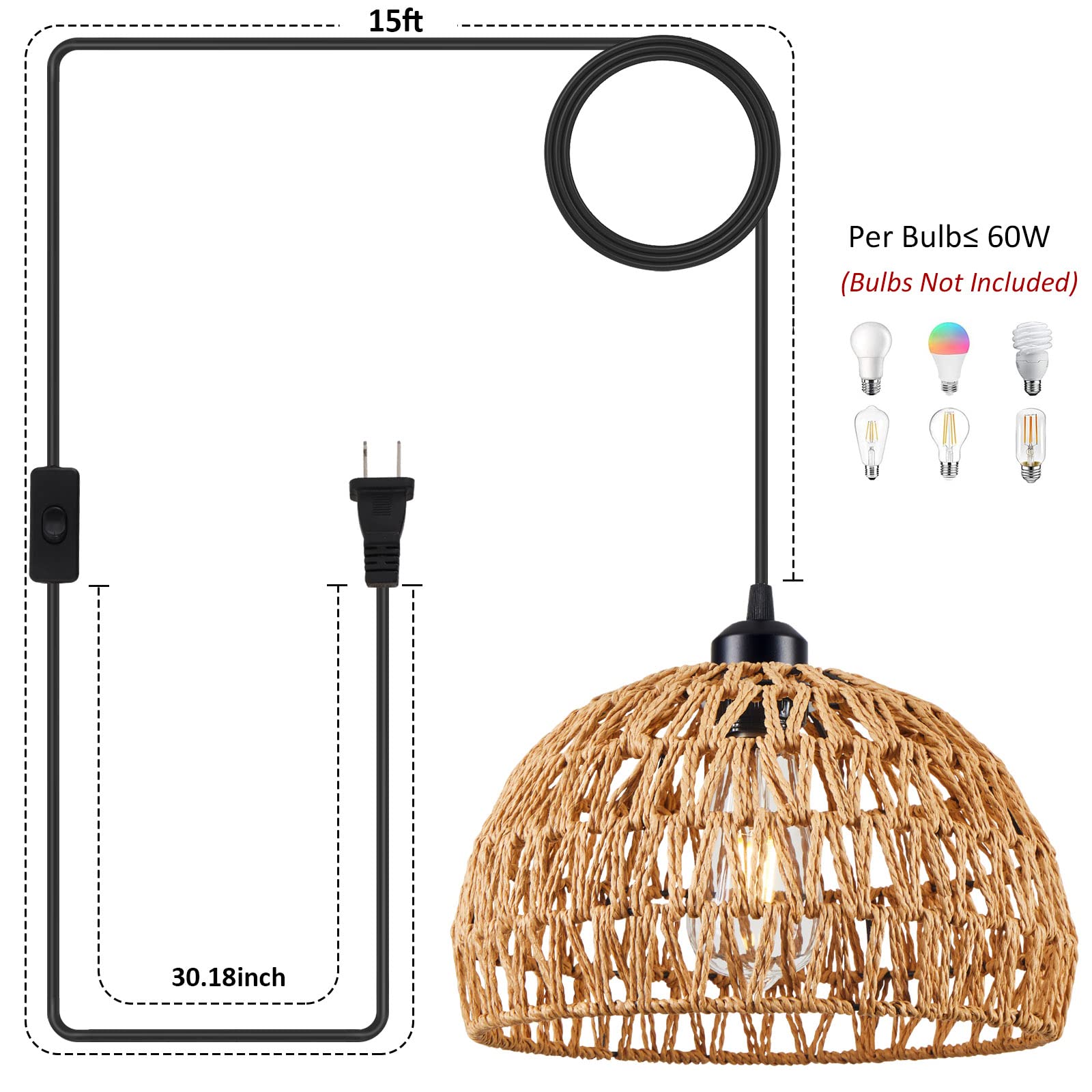 15 Ft Hemp Rope Plug-in Rattan Pendant Light - Boho Wicker Basket Lamp Shade with Plug-in Cord for Kitchen Island, Dining Room & Bedroom Lighting (Brown)