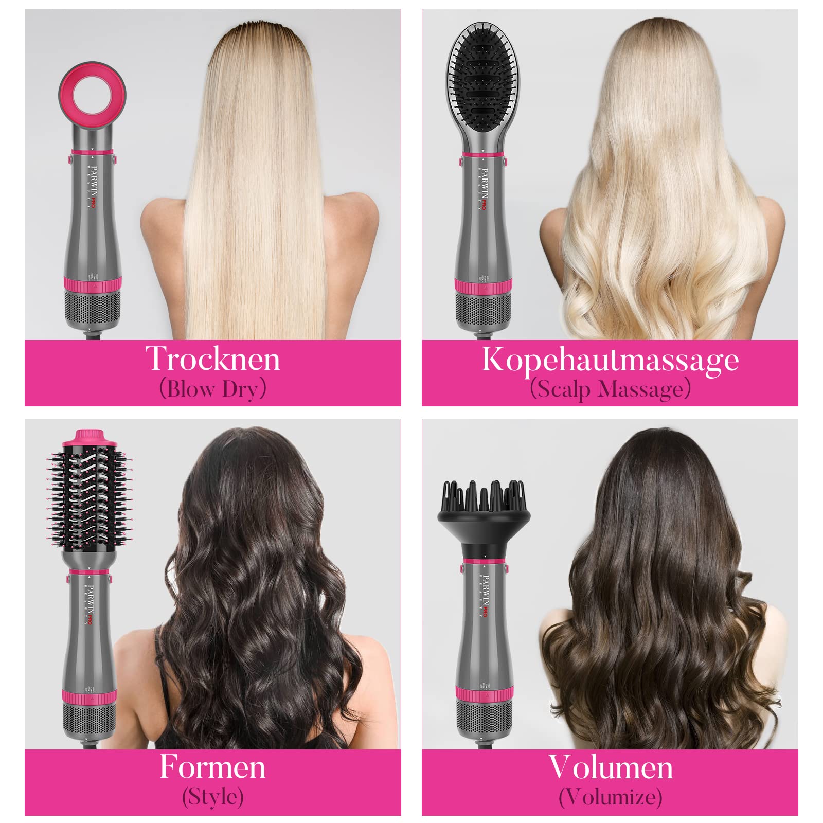 PARWIN PRO BEAUTY 4-in-1 Ionic Hair Dryer Brush Set with Hot Air Styler, Diffuser & Frizz-Free Attachments - 1000W for Salon-Quality Blowouts at Home - Perfect for Daily Styling, Curly Hair Care & Travel Use