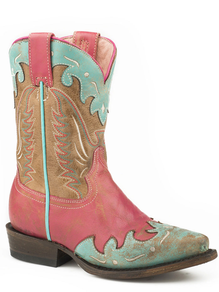 Roper 09 018 7622 1626 Girls' Vamp Western Boots with Turquoise Wingtip Crown in Pink - Perfect for School, Rodeo & Country Dance Outfits