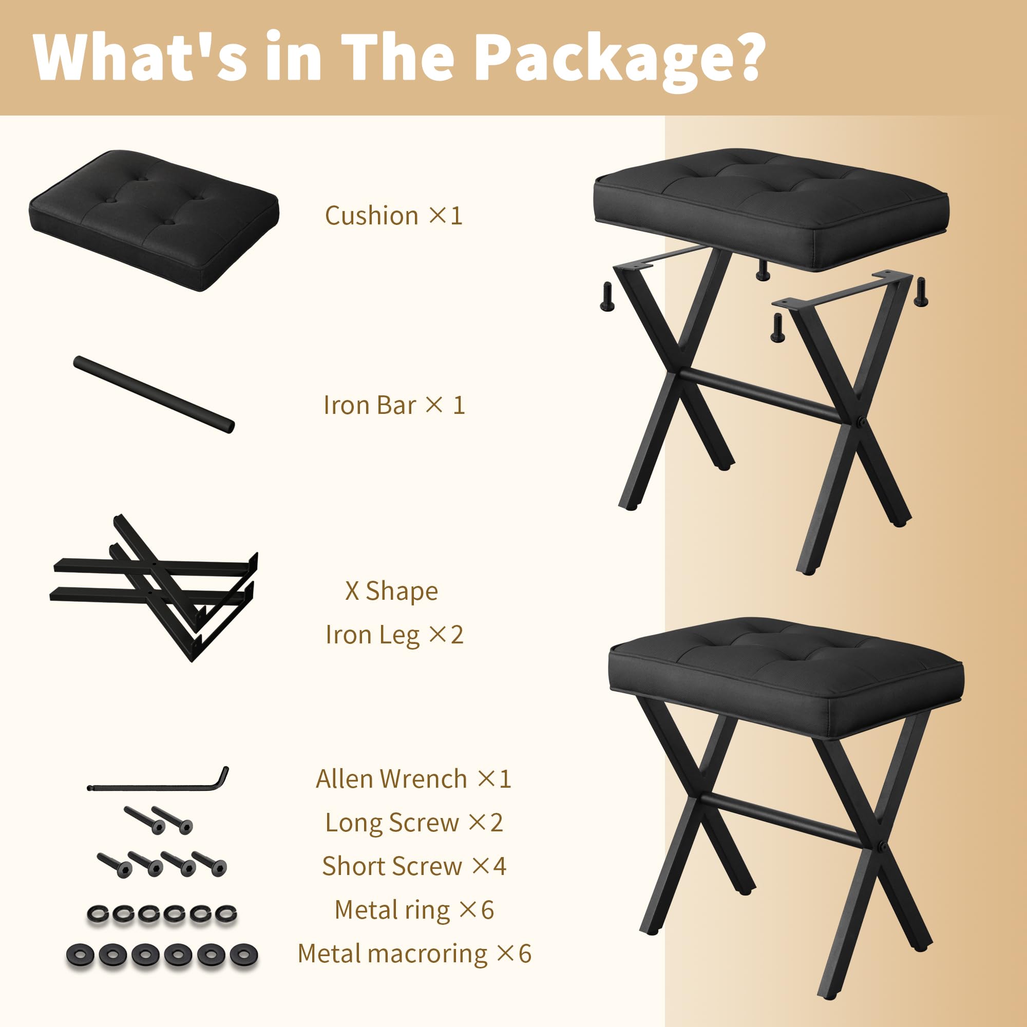 Vanity Stool with Upholstered Seat & Metal X-Legs - Makeup Stool Ottoman Chair for Dressing Room, Bedroom, Bathroom & Living Room - Comfortable Padded Footrest Seat for Entryway & Home Decor (Black)
