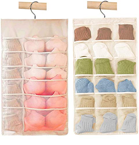 FCOZM Hanging Closet Organizer with Dual-Sided Mesh Pockets - Underwear, Sock & Bra Storage Bag for Door, Wall or Closet - Space Saving Jewelry & Sunglasses Organizer (Beige, 31.3x14.9 Inches) - Perfect for Bedroom, Dorm, Travel & Small Space Organization