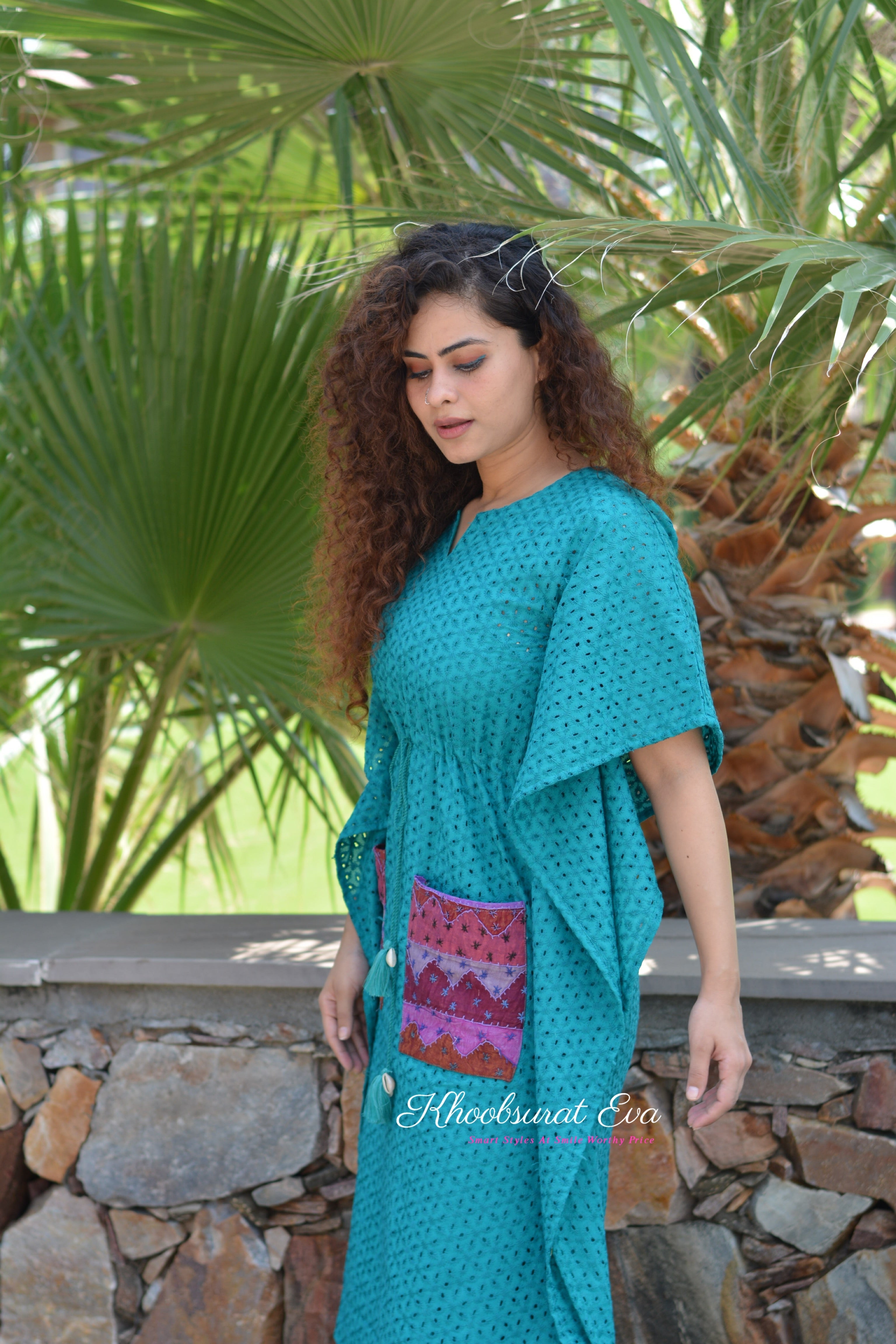 Exquisite Turquoise Chikankari Kaftan Dress for Women - Elegant Embroidered Long Maxi Dress - Perfect for Summer Beach, Boho Festival & Vacation Wear